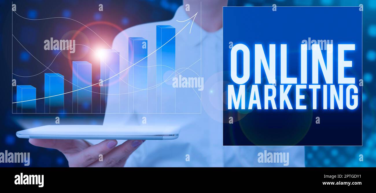 Légende de texte présentant le marketing en ligne, Word pour la pratique de tirer parti des canaux Web pour diffuser un message Banque D'Images