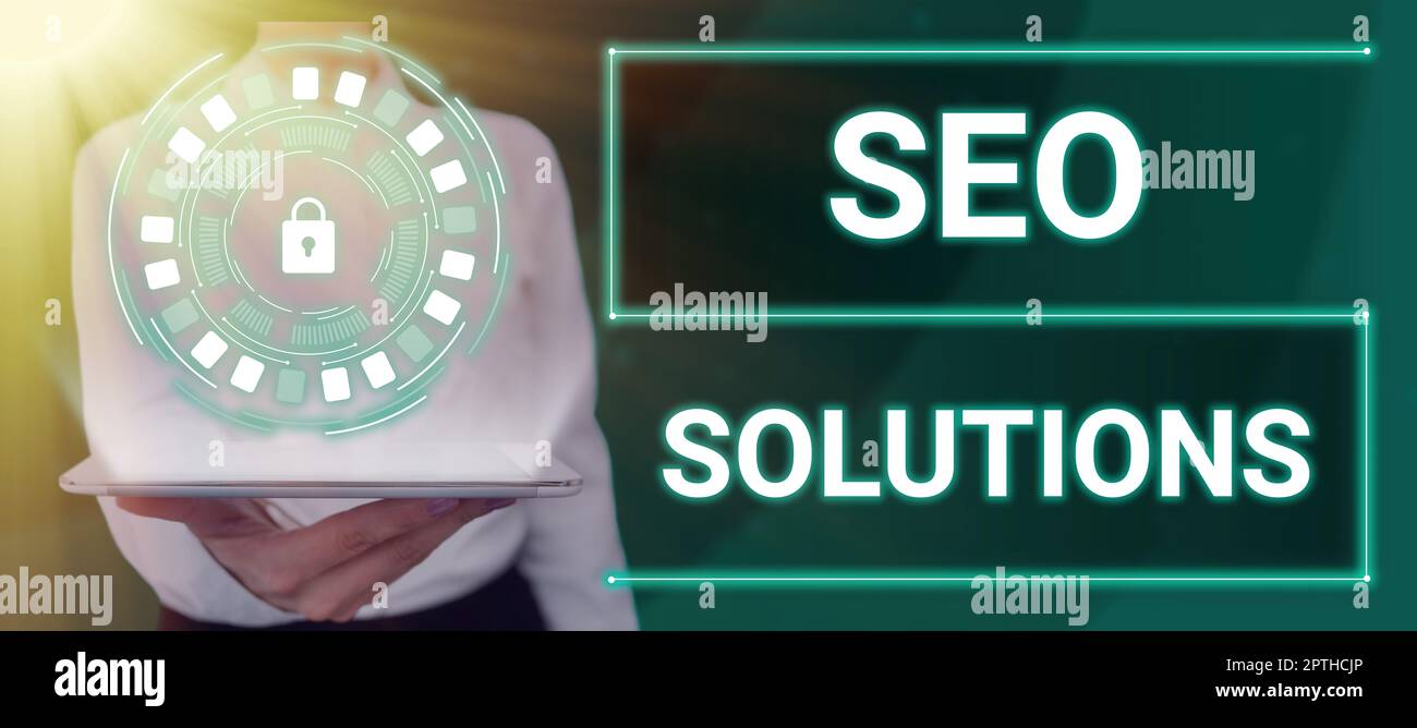 Légende de texte présentant Seo Solutions, Word pour Search Engine page de résultat augmenter les visiteurs par classement Banque D'Images