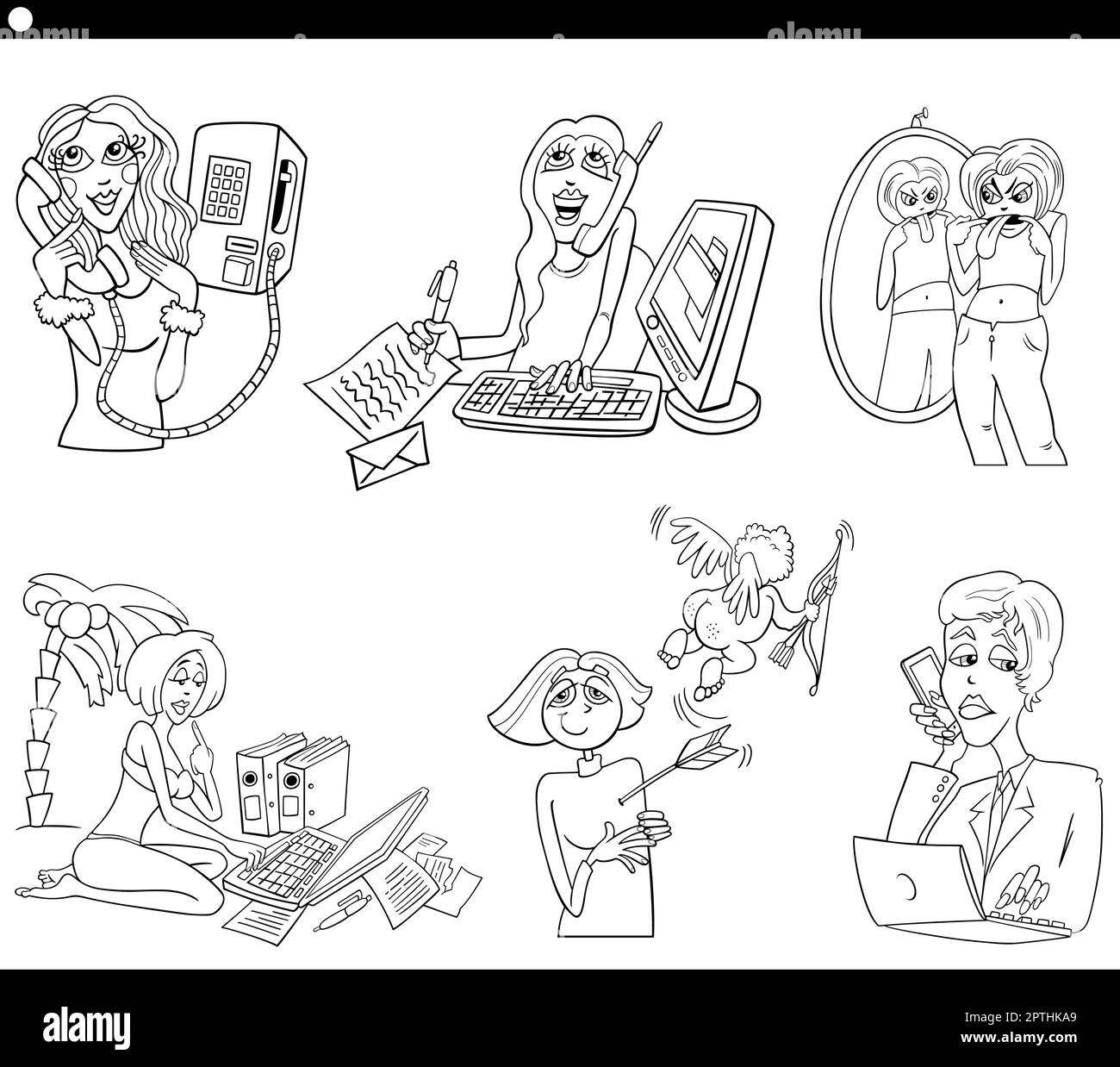 bande dessinée femmes personnages bande dessinée ensemble de coloriage page Illustration de Vecteur