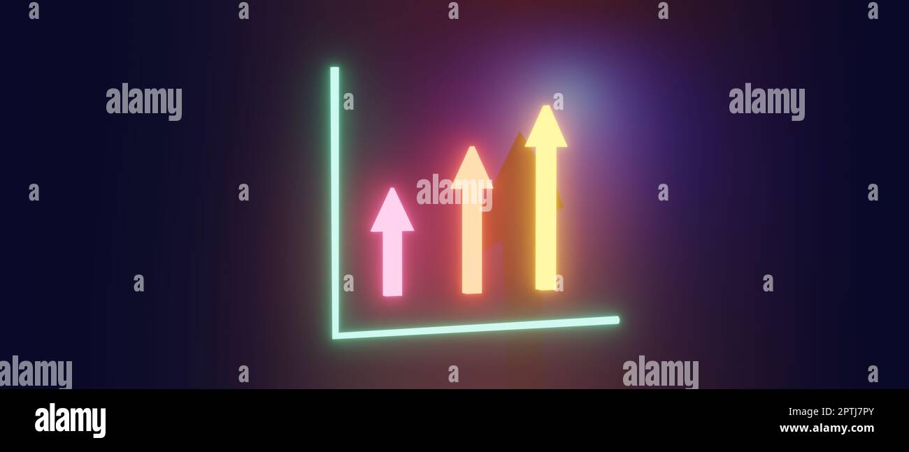 3D rendu, 3D illustration, flèches fluorescentes sur fond bleu marine, concept d'augmentation ou d'augmentation ou de croissance, enseigne au néon, affaires Banque D'Images