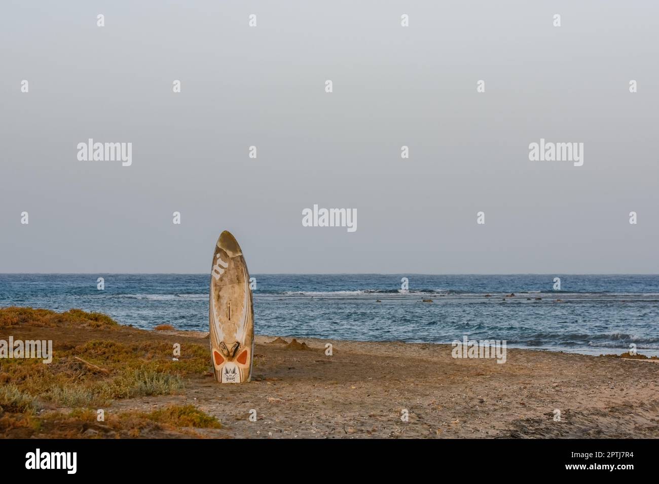 planche à voile coincée dans la plage de sable de la mer rouge en égypte Banque D'Images