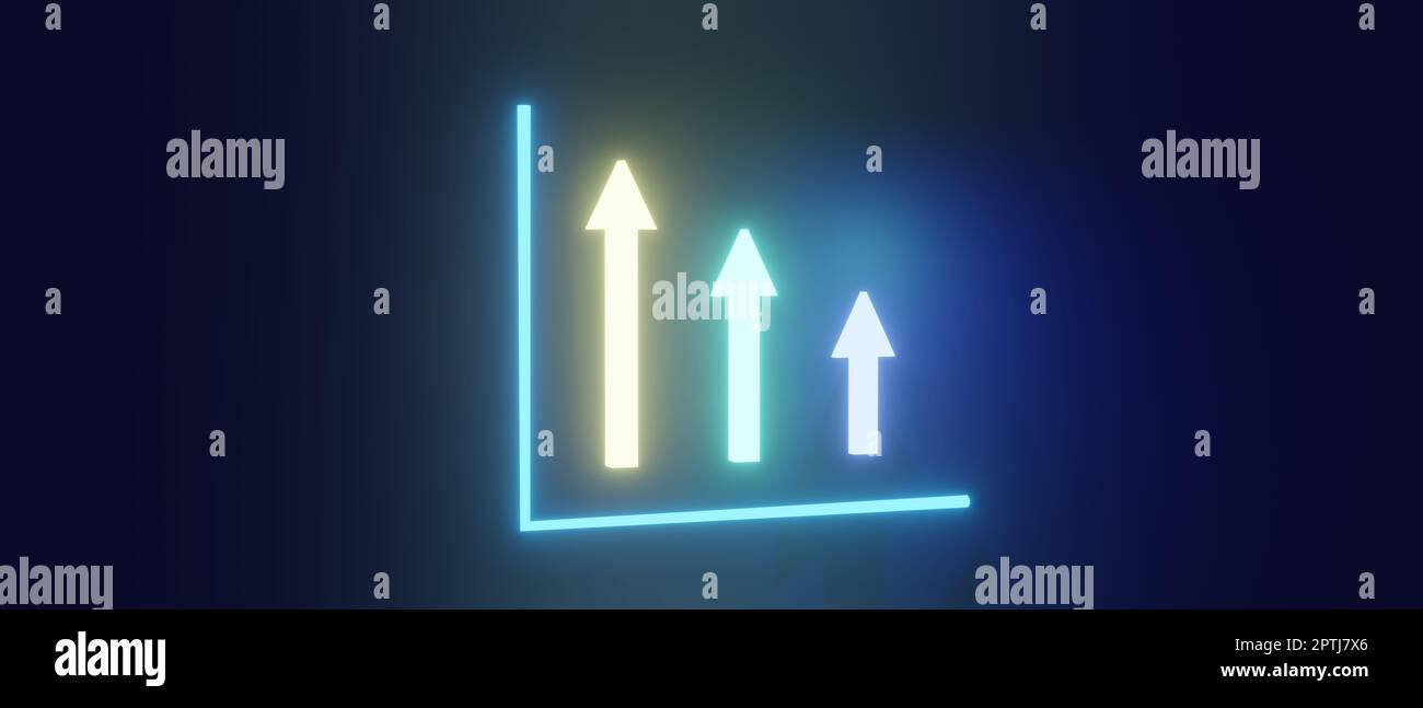 3D rendu, 3D illustration, flèches fluorescentes sur fond bleu marine, concept décroissant ou décroissant, signe néon, affaires Banque D'Images