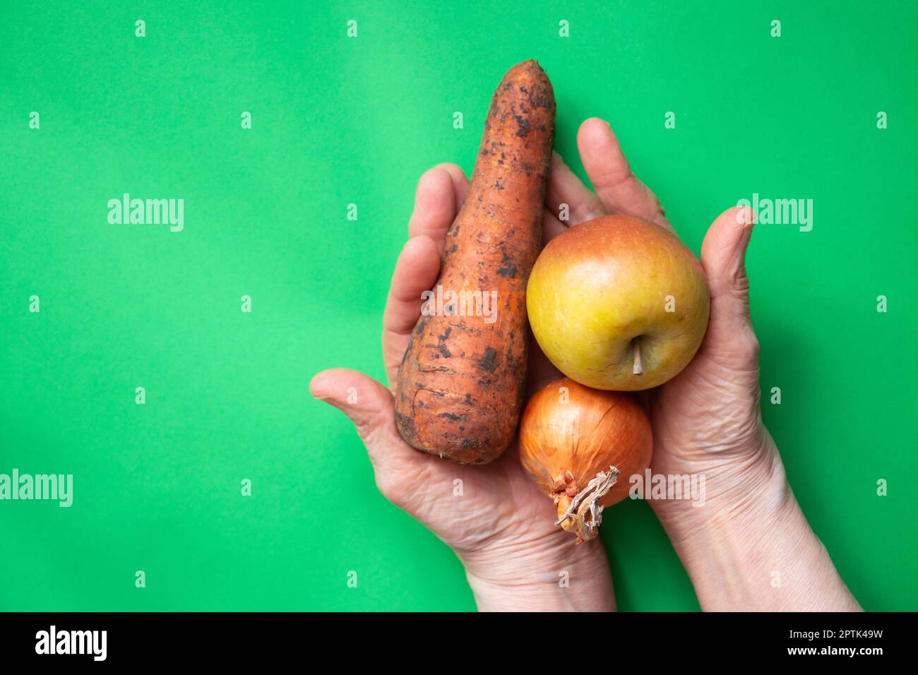 oignons, carottes et pommes sales dans les mains de la grand-mère sur la table, la récolte, les légumes et les fruits Banque D'Images