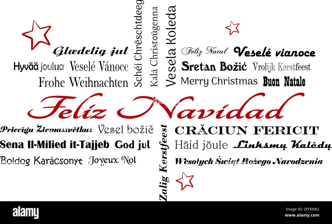 Lettrage vectoriel de Feliz Navidad. Dans toutes les langues de l'Union européenne avec des étoiles rouges. Dos blanc. Illustration de Vecteur