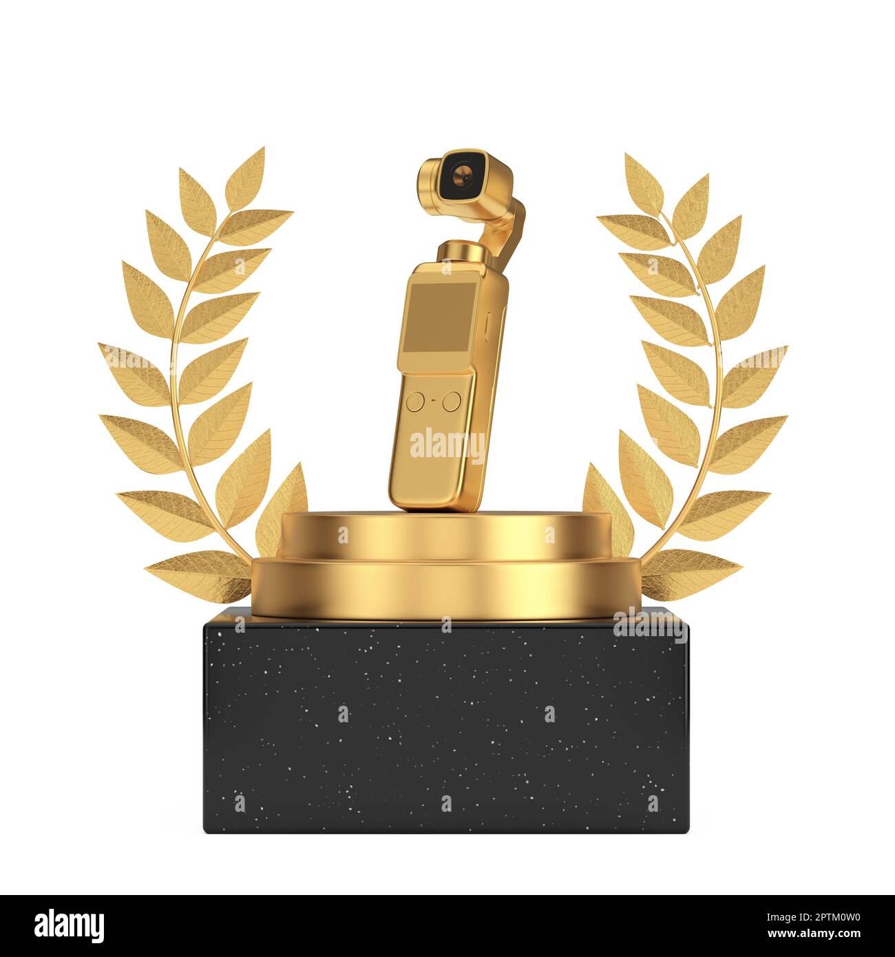 Lauréat Cube Gold Laurel Wreath Podium, Stage ou piédestal avec Golden Pocket Gimbal action Camera sur fond blanc. 3D rendu Banque D'Images