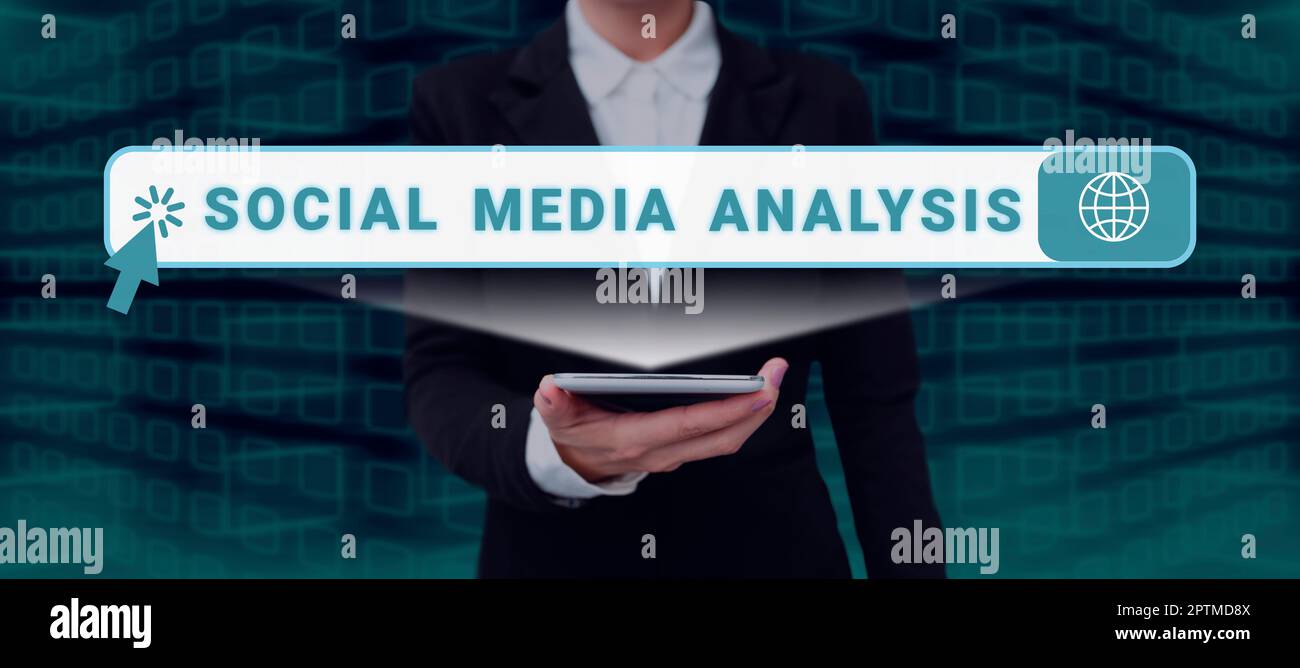 Légende présentant analyse des médias sociaux, approche commerciale collecte et évaluation des données des médias sociaux Banque D'Images