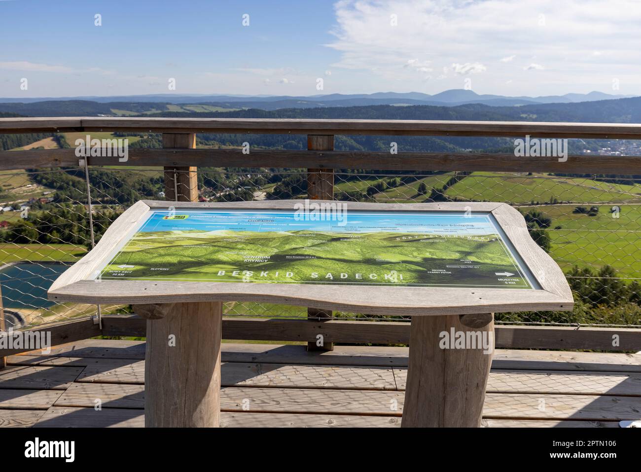 Panneau d'information avec un panorama sur les montagnes de Beskid avec les noms des sommets au sommet de la tour d'observation en bois située au sommet du Slo Banque D'Images