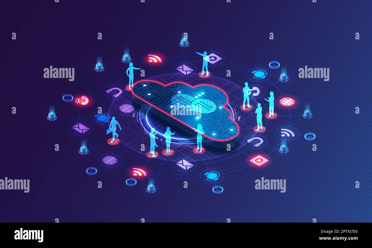 Cloud Contact Center concept - Virtual Hub pour la gestion des interactions client sur plusieurs canaux basés sur les technologies Cloud - Illustration 3D Banque D'Images