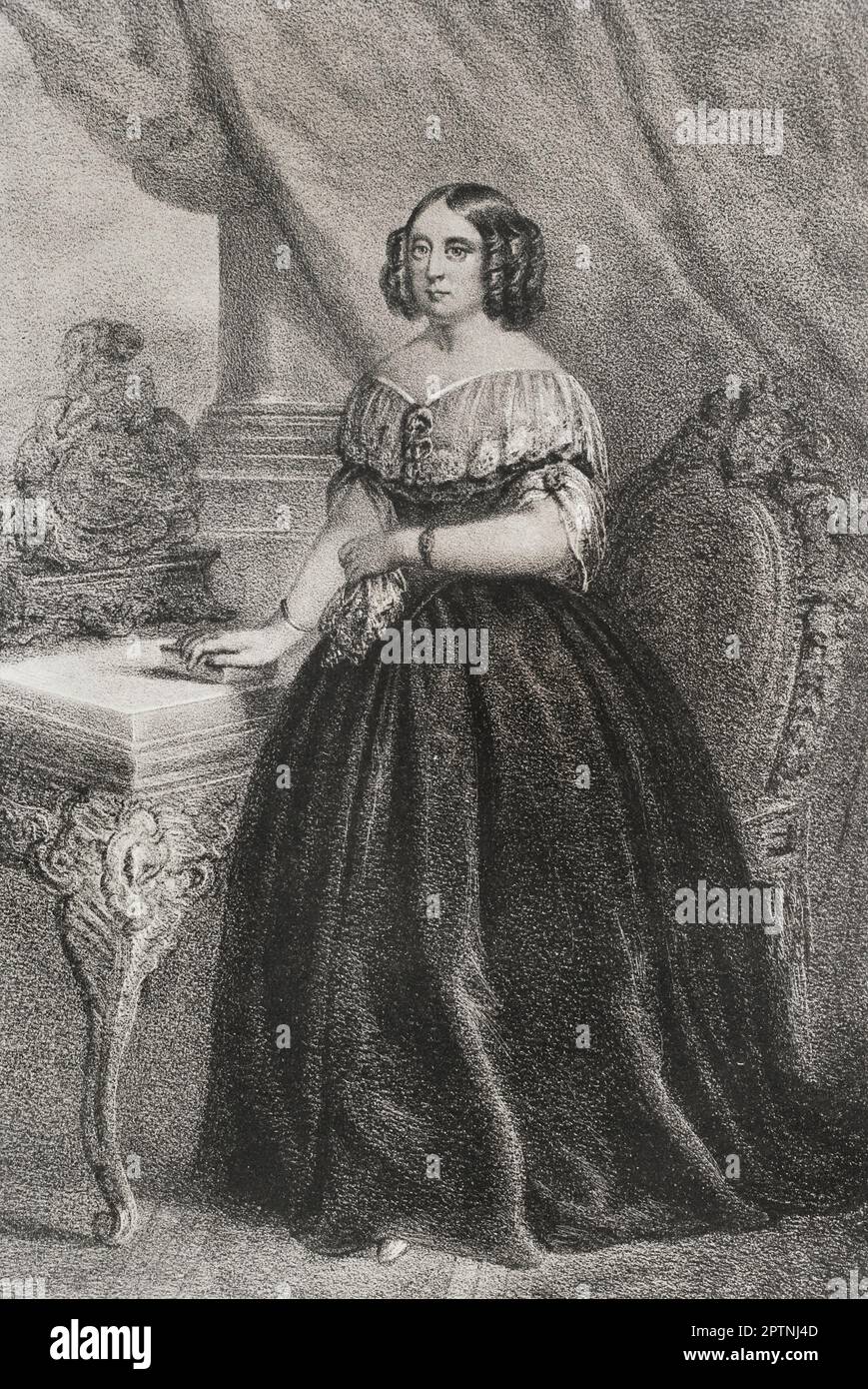 Pauline Therese de Württemberg (1800-1873). Reine consort de Württemberg par son mariage à son premier cousin le roi Guillaume I en 1820. Portrait. Dessin de A. Cortés. Lithographie par J. Donón. 'Reyes Contemporáneos'. Volume I. Publié à Madrid, 1855. Banque D'Images