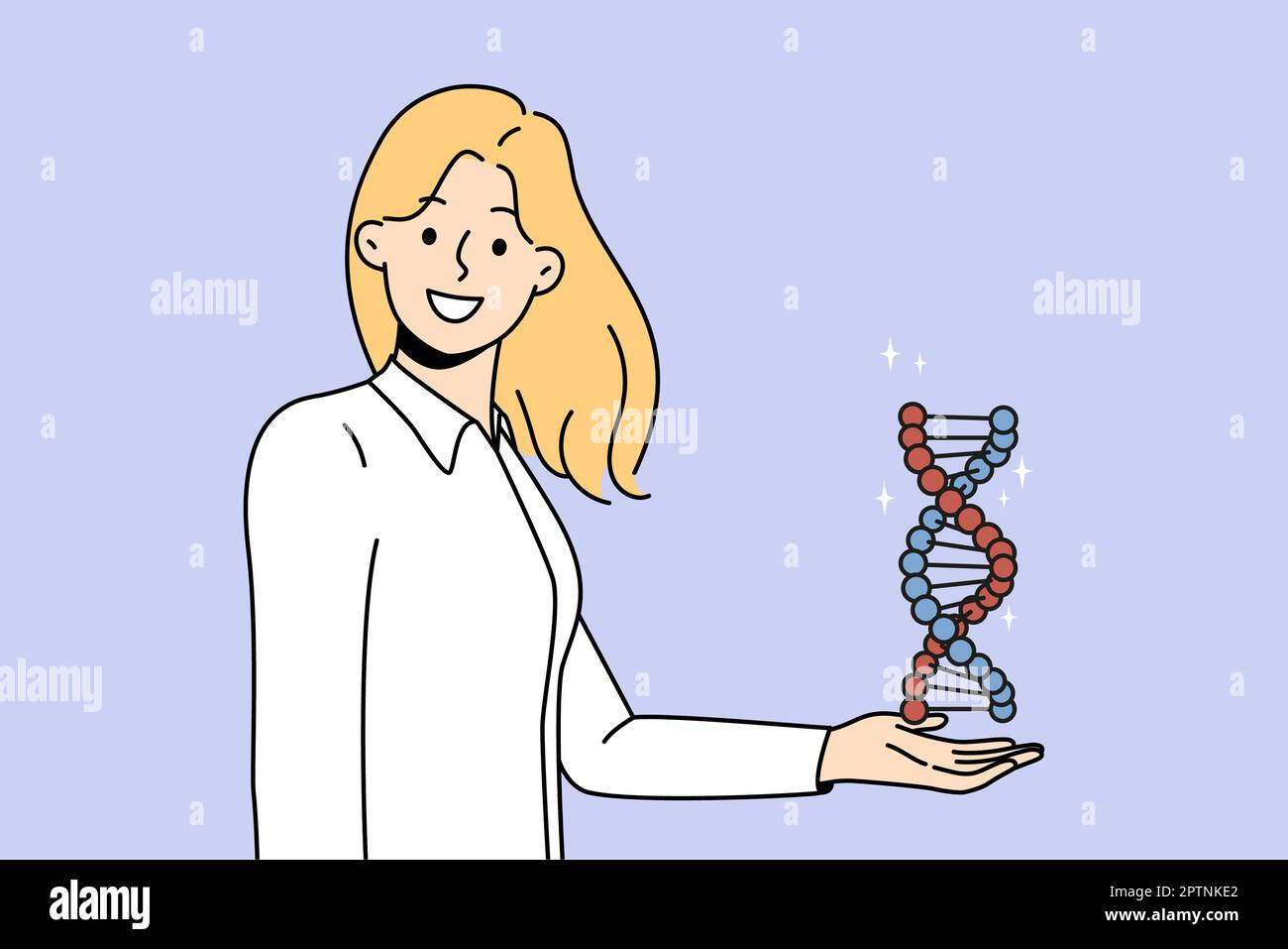 Une jeune femme souriante tient le modèle d'ADN entre les mains. Une femme scientifique ou chercheur heureuse avec une spirale d'ADN. Science et génétique. Illustration vectorielle. Banque D'Images