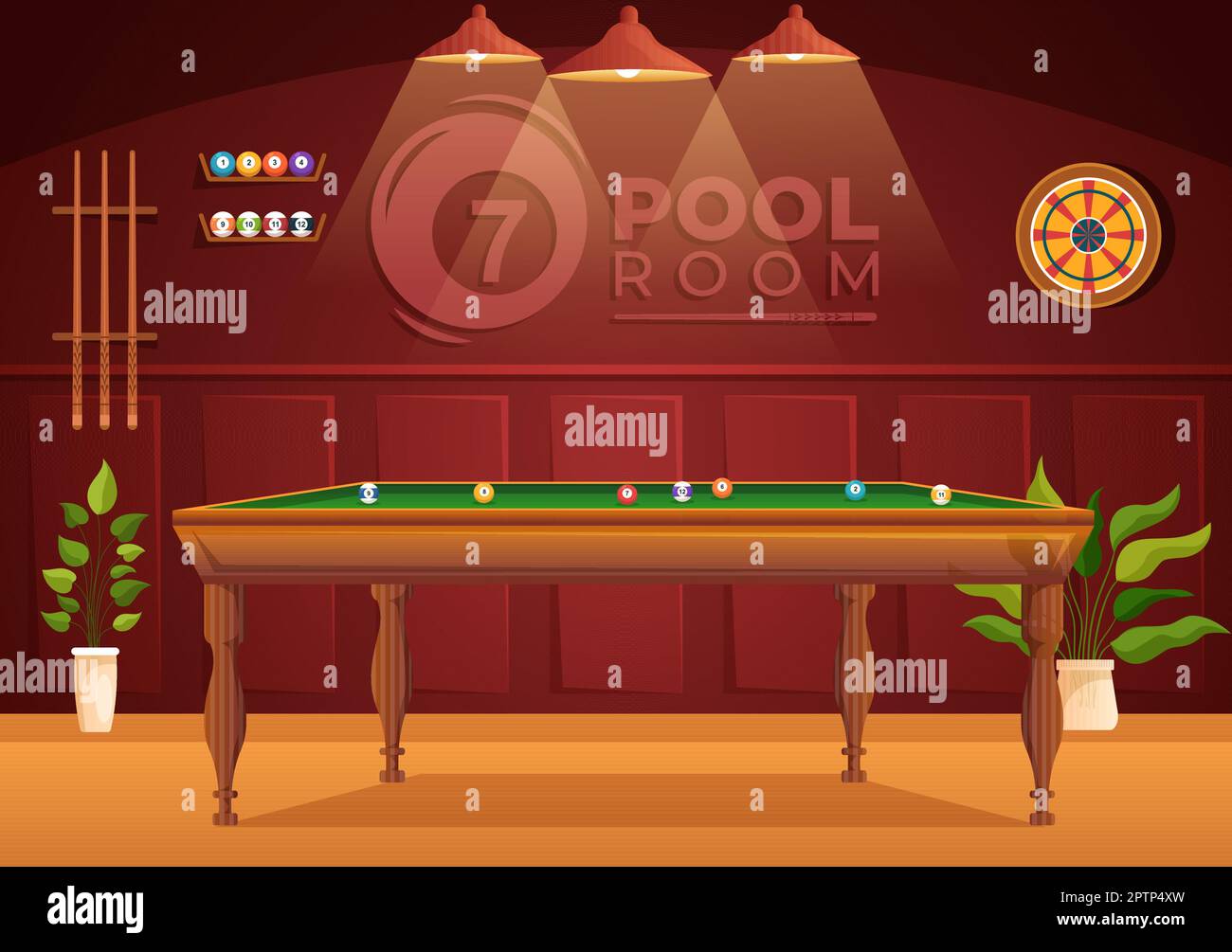 Jeu de billard Illustration avec salle de billard de joueur avec bâton, table et boules de billard dans le club de sport en dessin à la main de dessin à plat de dessin de dessin Illustration de Vecteur