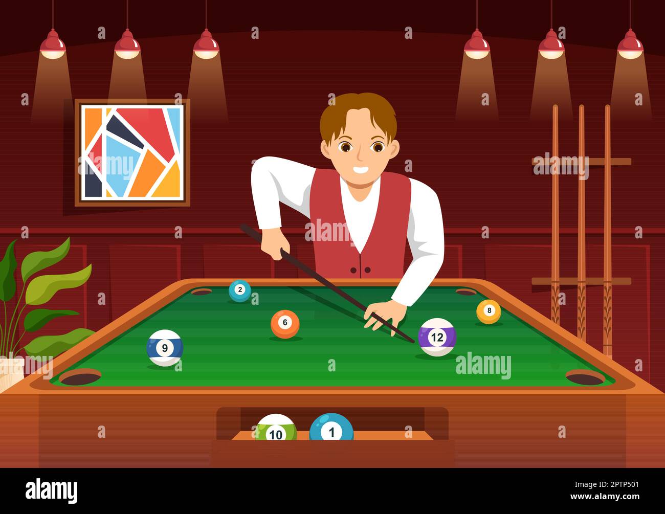 Jeu de billard Illustration avec salle de billard de joueur avec bâton, table et boules de billard dans le club de sport en dessin à la main de dessin à plat de dessin de dessin Illustration de Vecteur