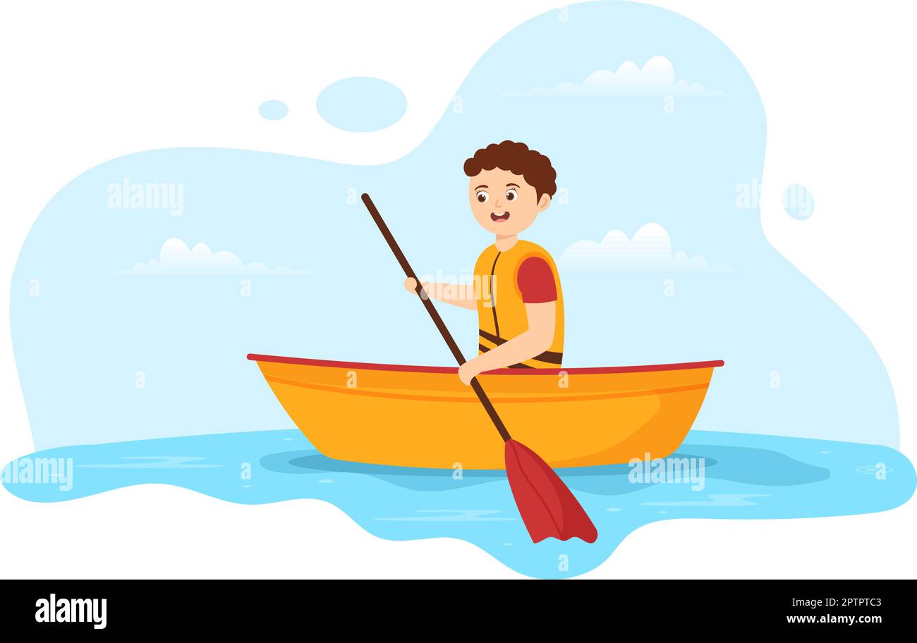 Les gens qui apprécient l'illustration de l'aviron avec canoë et la voile sur la rivière ou le lac dans Active Water Sports Flat dessin-modèle de dessin à la main Illustration de Vecteur