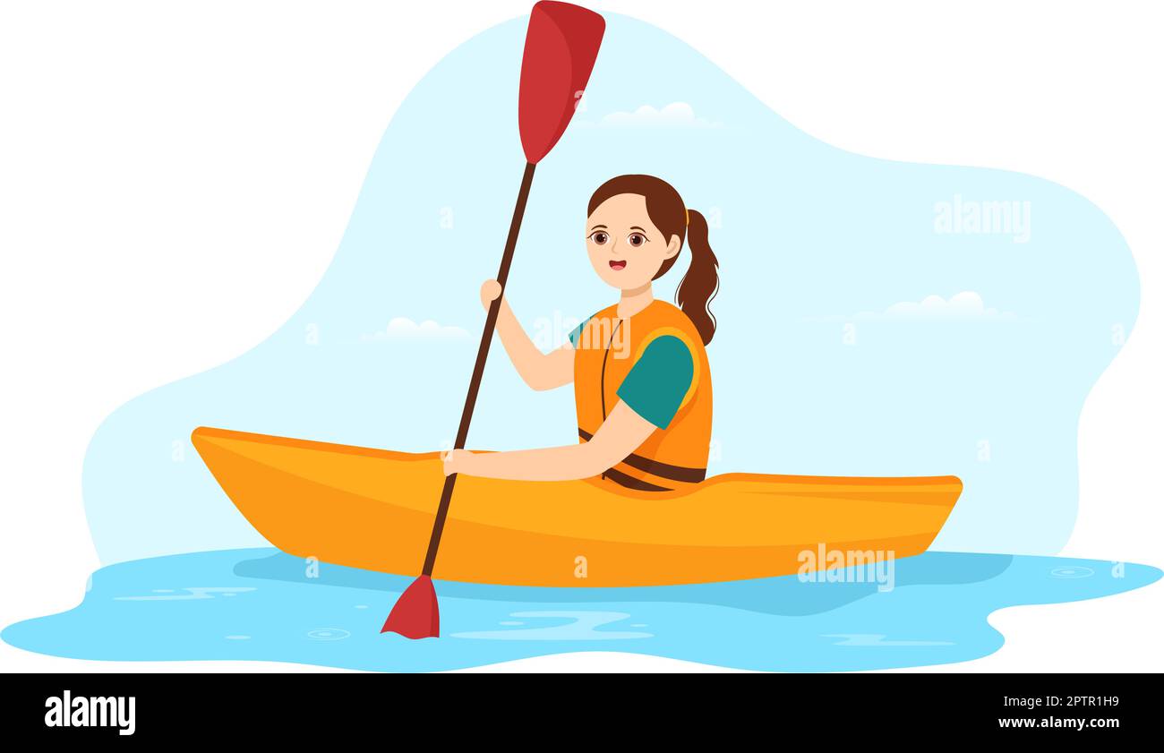 Les gens qui apprécient l'illustration de l'aviron avec canoë et la voile sur la rivière ou le lac dans Active Water Sports Flat dessin-modèle de dessin à la main Illustration de Vecteur