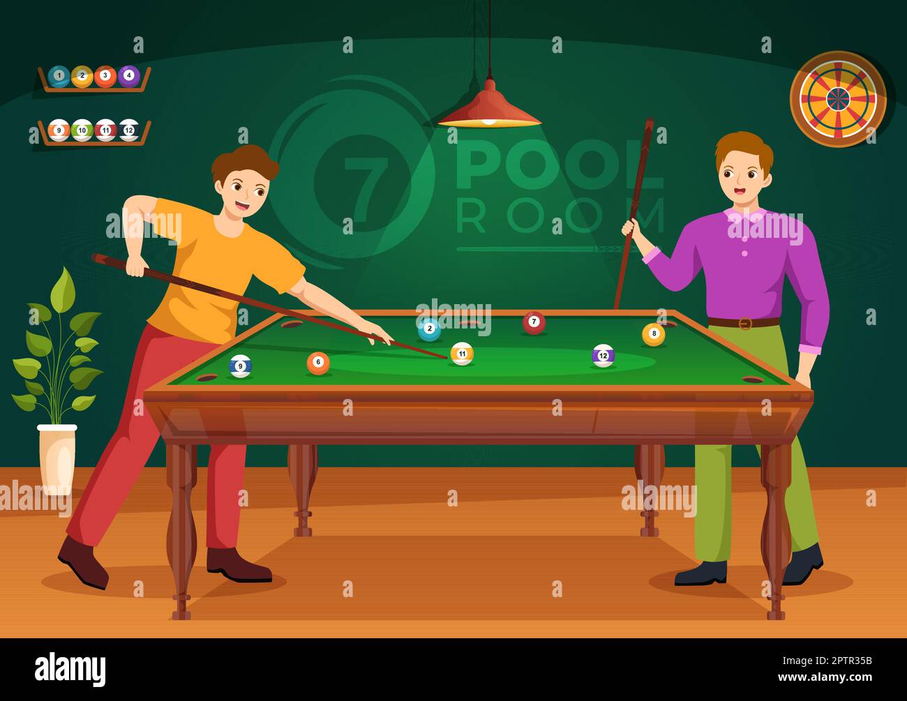 Jeu de billard Illustration avec salle de billard de joueur avec bâton, table et boules de billard dans le club de sport en dessin à la main de dessin à plat de dessin de dessin Illustration de Vecteur