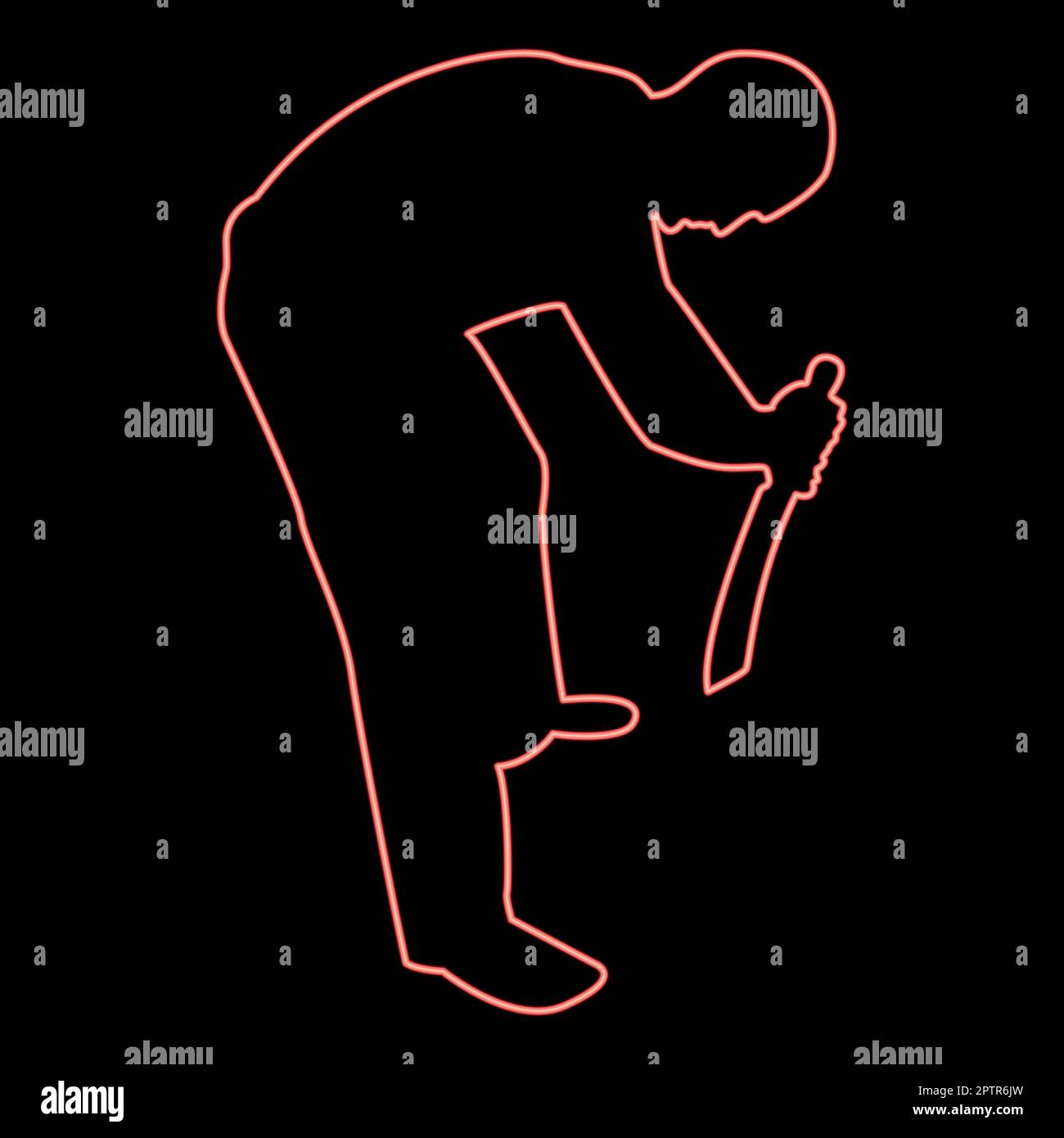 Neon homme avec une machette d'épée armes froides en main militaire Soldier Serviceman dans les positions Hunter avec le combat de couteau pose le défenseur puissant Warrior concept armes Stand rouge vecteur de couleur illustration image plat style Illustration de Vecteur