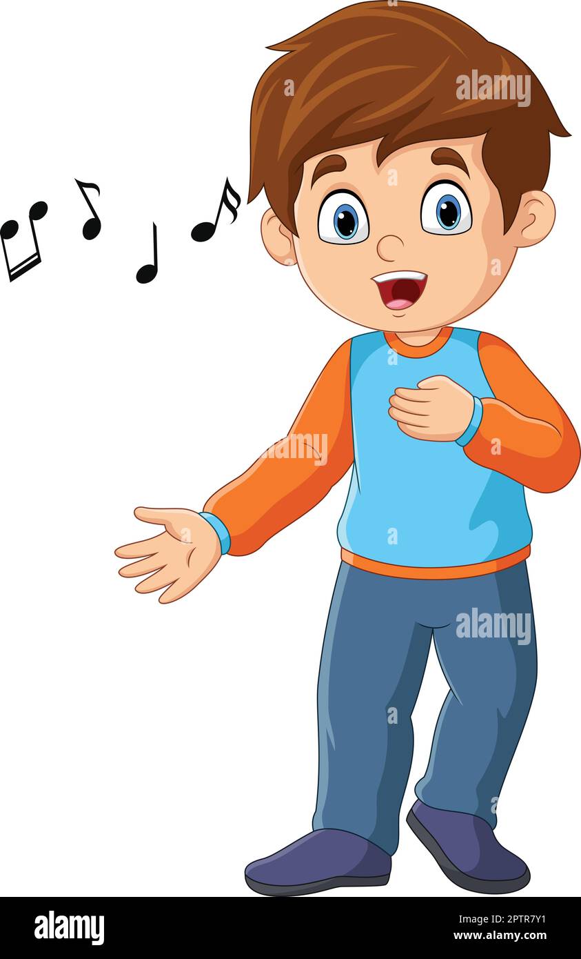 Mignon petit garçon dessin animé chantant avec des notes de musique Illustration de Vecteur