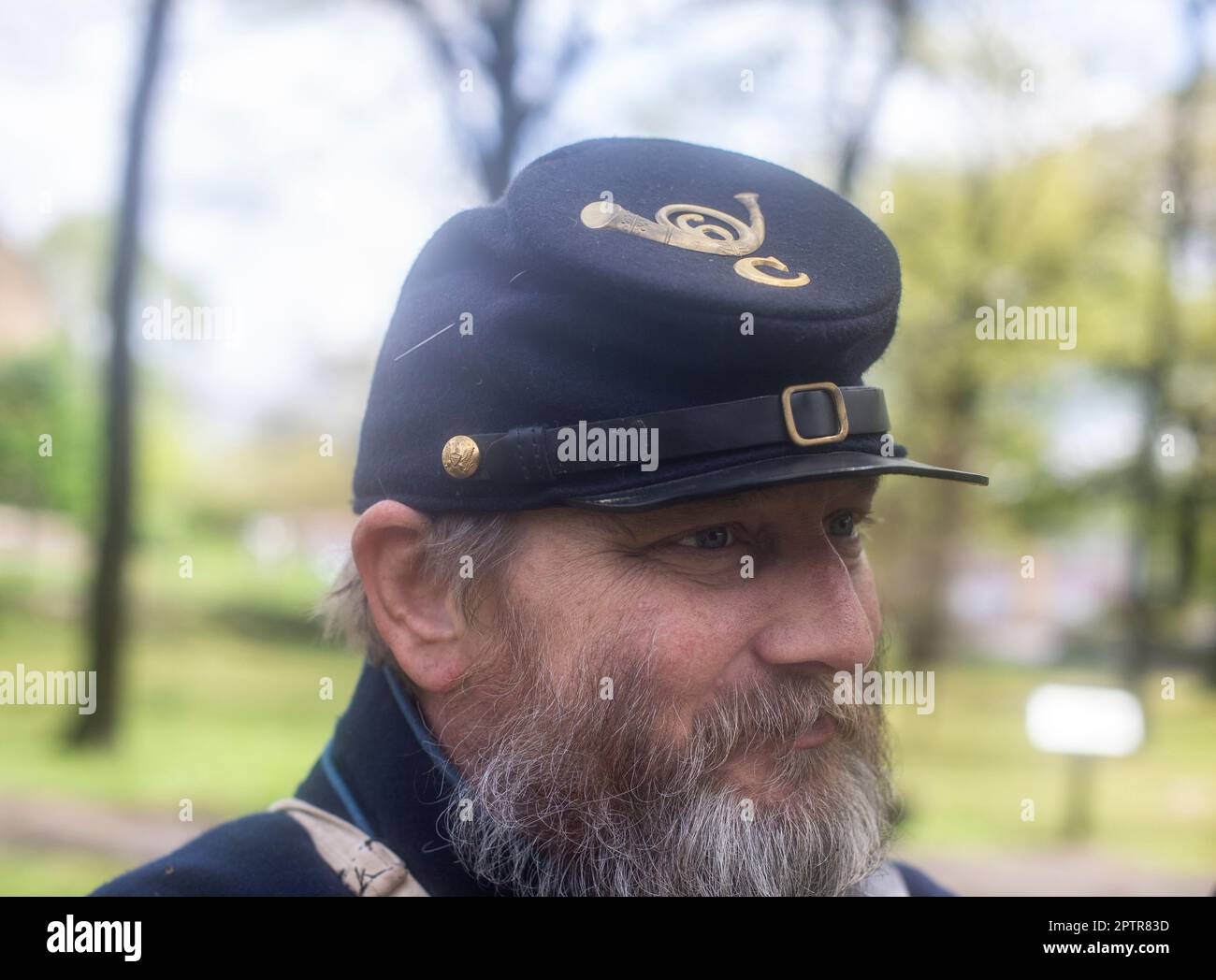 Homme en uniforme de soldat syndical lors d'une reconstitution de la guerre de Sécession dans le New Jersey Banque D'Images