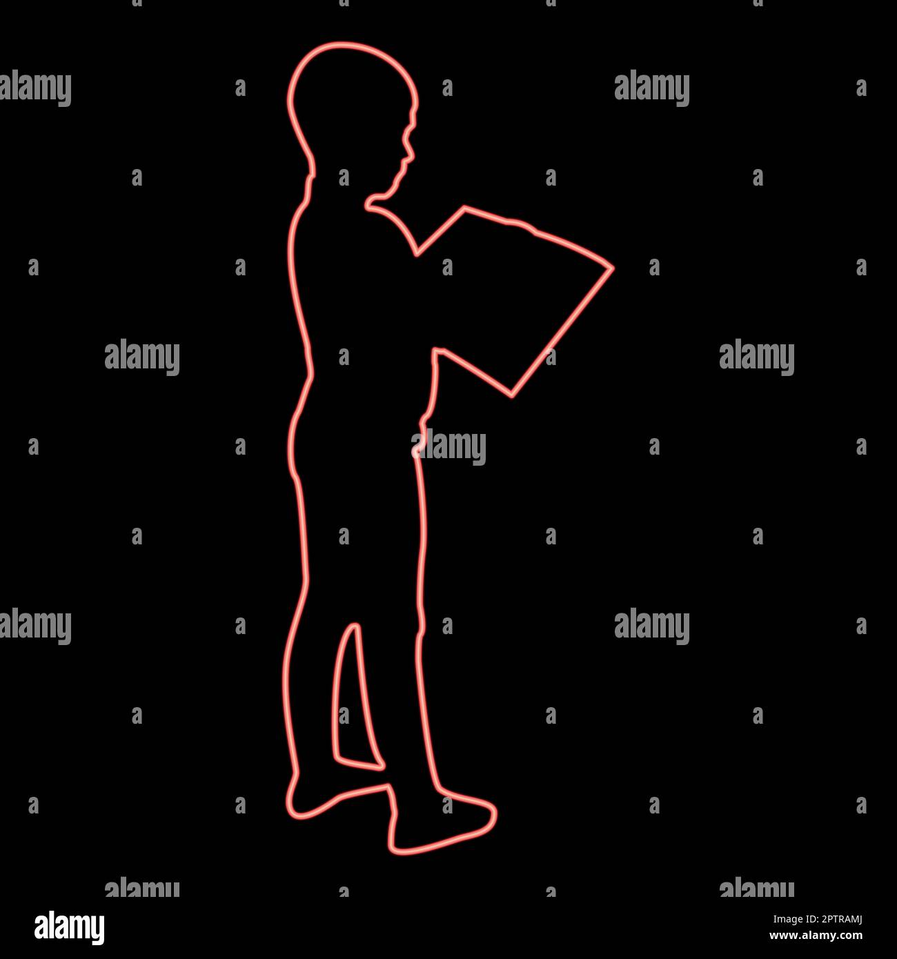 Neon garçon lecture livre debout Teen homme avec livre ouvert dans ses mains mignon petit garçon lire prêt à revenir à l'école concept éducation en ligne apprentissage rouge couleur vecteur illustration image plat style Illustration de Vecteur