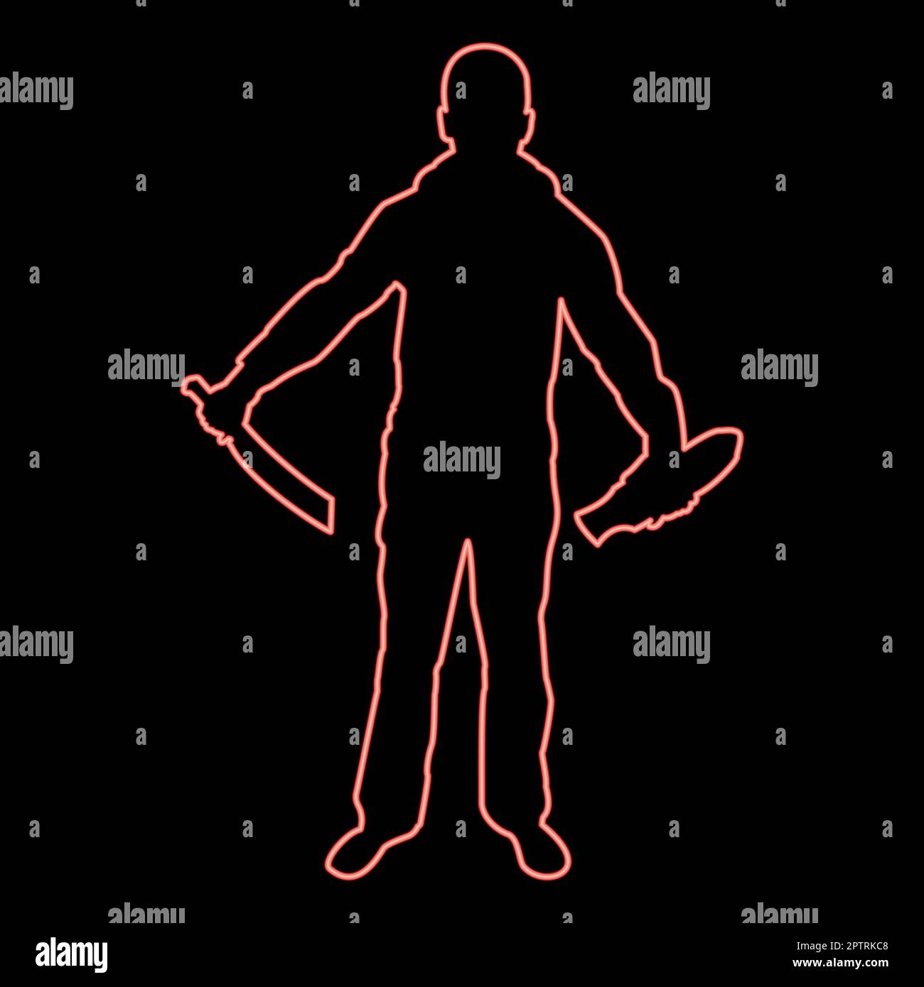 Neon homme avec l'épée machete enlever la gaine fourreau armes froides en main militaire homme Soldier Serviceman dans les positions Hunter avec le combat de couteau pose le défenseur puissant guerrier concept armes Stand rouge couleur vecteur illustration image plate style Illustration de Vecteur