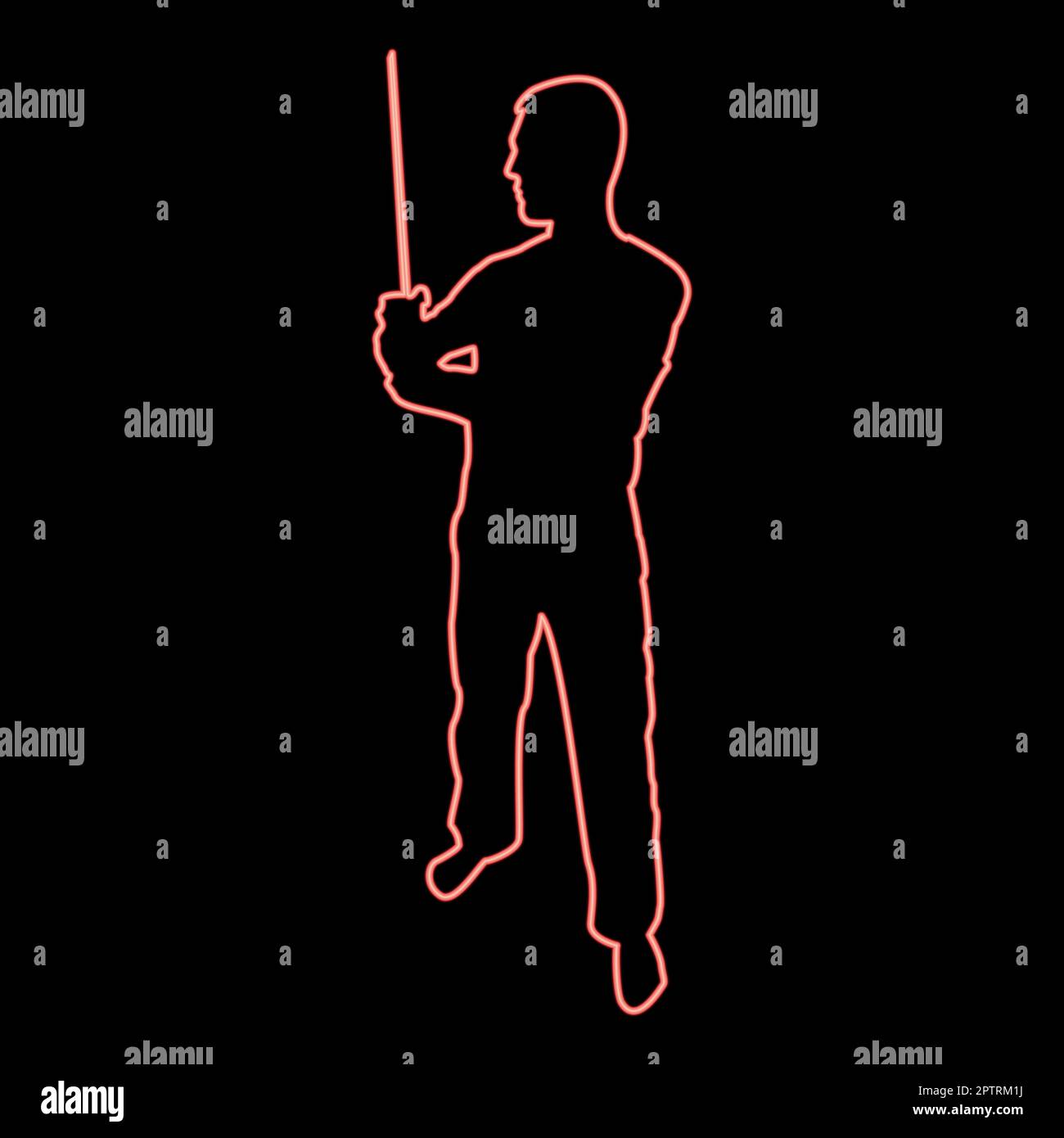 Neon homme avec une machette d'épée armes froides en main militaire Soldier Serviceman dans les positions Hunter avec le combat de couteau pose le défenseur puissant Warrior concept armes Stand rouge vecteur de couleur illustration image plat style Illustration de Vecteur