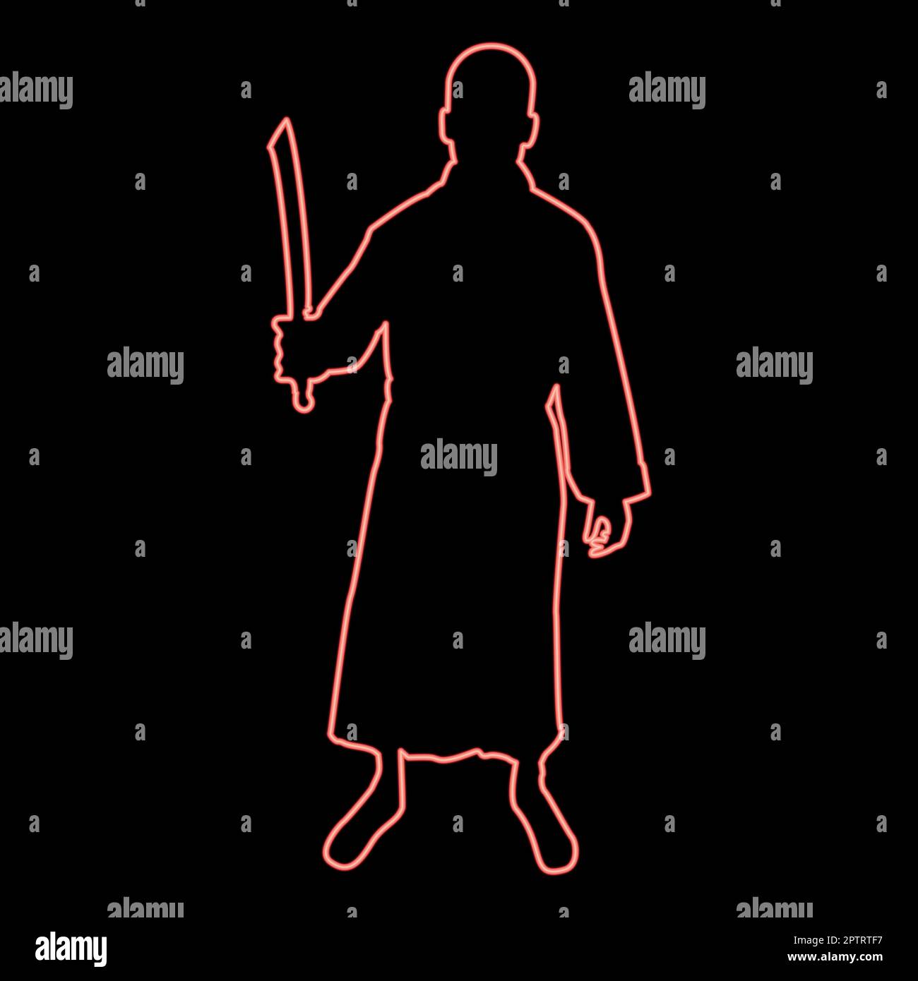 Neon homme avec une machette d'épée armes froides en main militaire Soldier Serviceman dans les positions Hunter avec le combat de couteau pose le défenseur puissant Warrior concept armes Stand rouge vecteur de couleur illustration image plat style Illustration de Vecteur