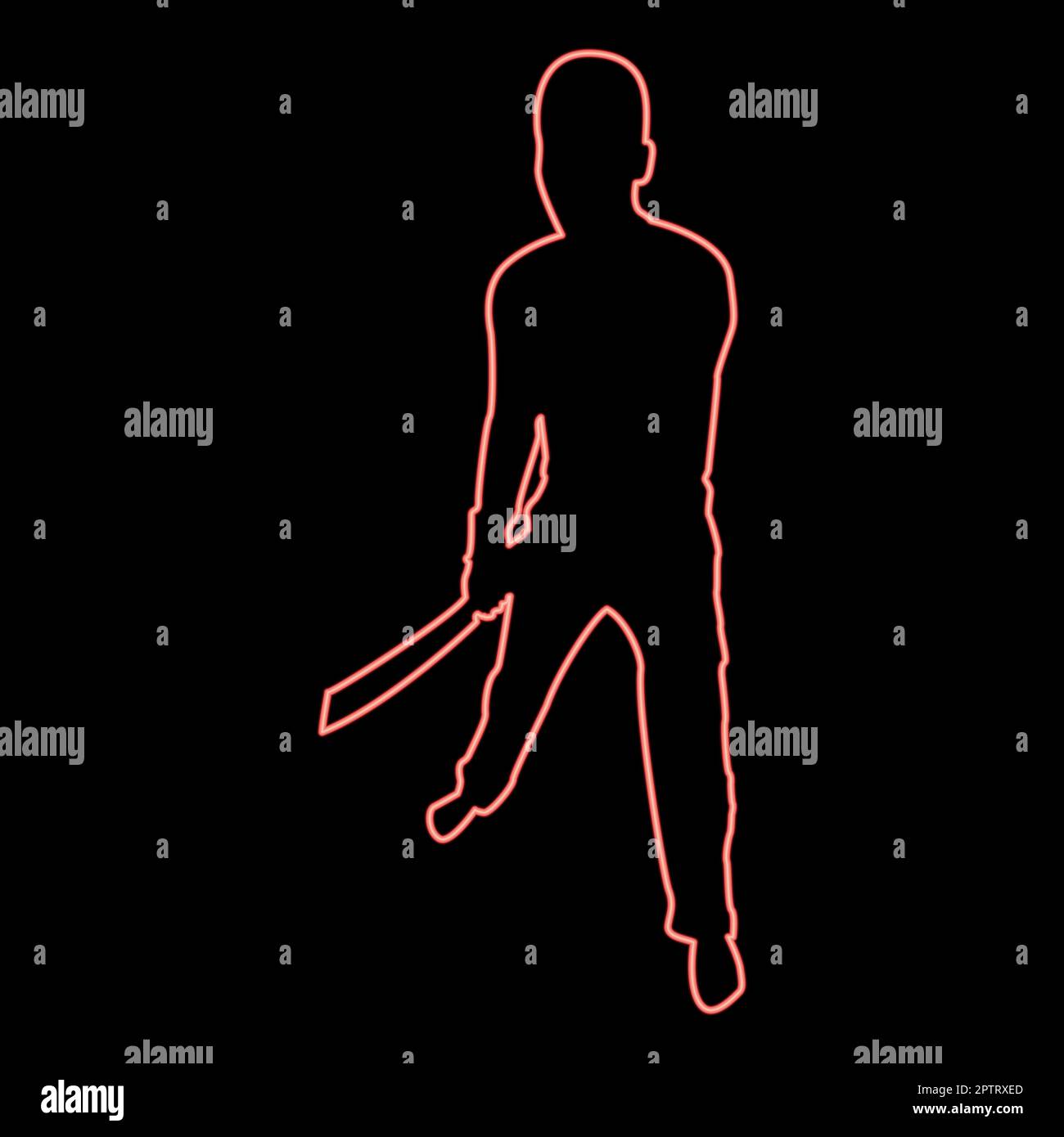 Neon homme avec une machette d'épée armes froides en main militaire Soldier Serviceman dans les positions Hunter avec le combat de couteau pose le défenseur puissant Warrior concept armes Stand rouge vecteur de couleur illustration image plat style Illustration de Vecteur