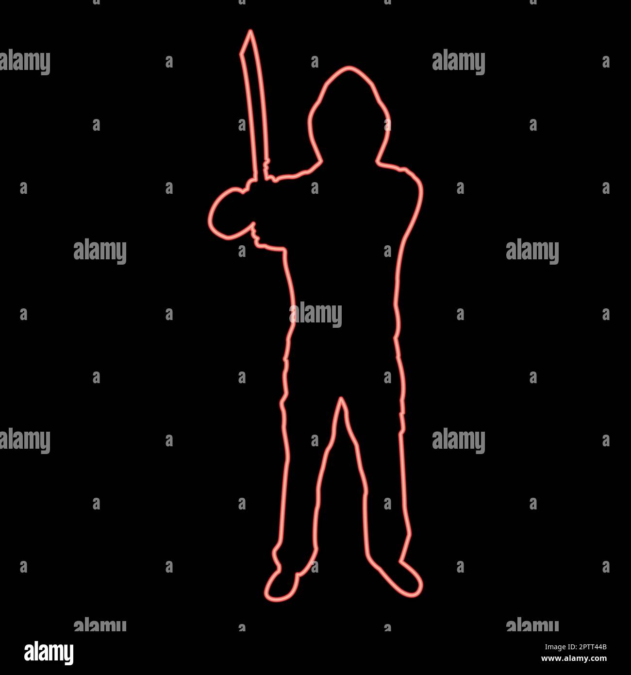 Neon homme avec une machette d'épée armes froides en main militaire Soldier Serviceman dans les positions Hunter avec le combat de couteau pose le défenseur puissant Warrior concept armes Stand rouge vecteur de couleur illustration image plat style Illustration de Vecteur