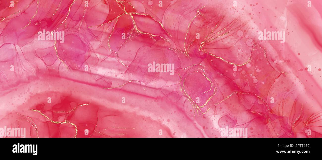 Illustration de fond de l'art de l'encre d'alcool dans le style d'un agate. Vagues roses avec décoration dorée. Bannière horizontale lumineuse avec courbes Banque D'Images