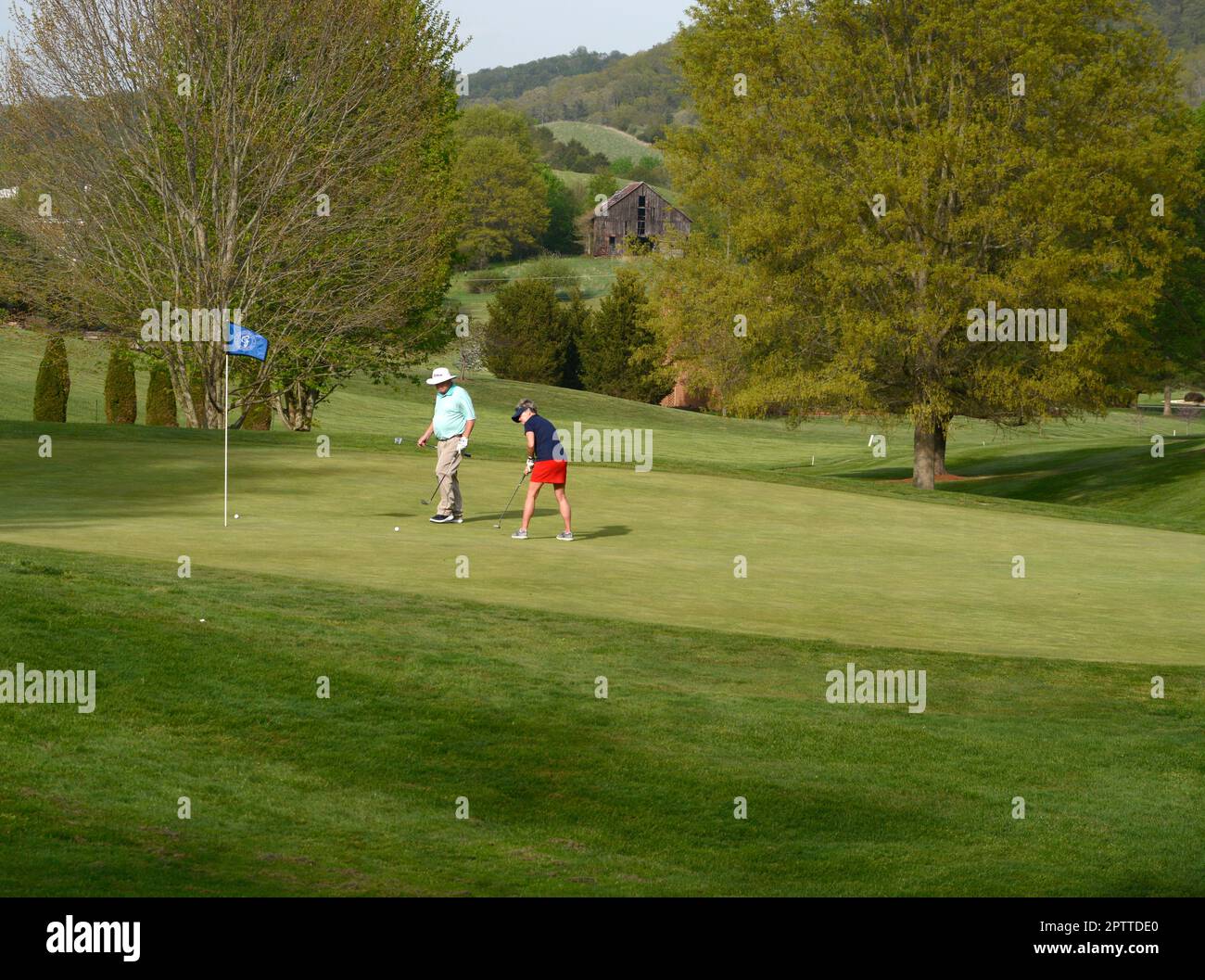Un couple joue au golf sur un terrain de golf du country club gof à Abingdon, en Virginie. Banque D'Images