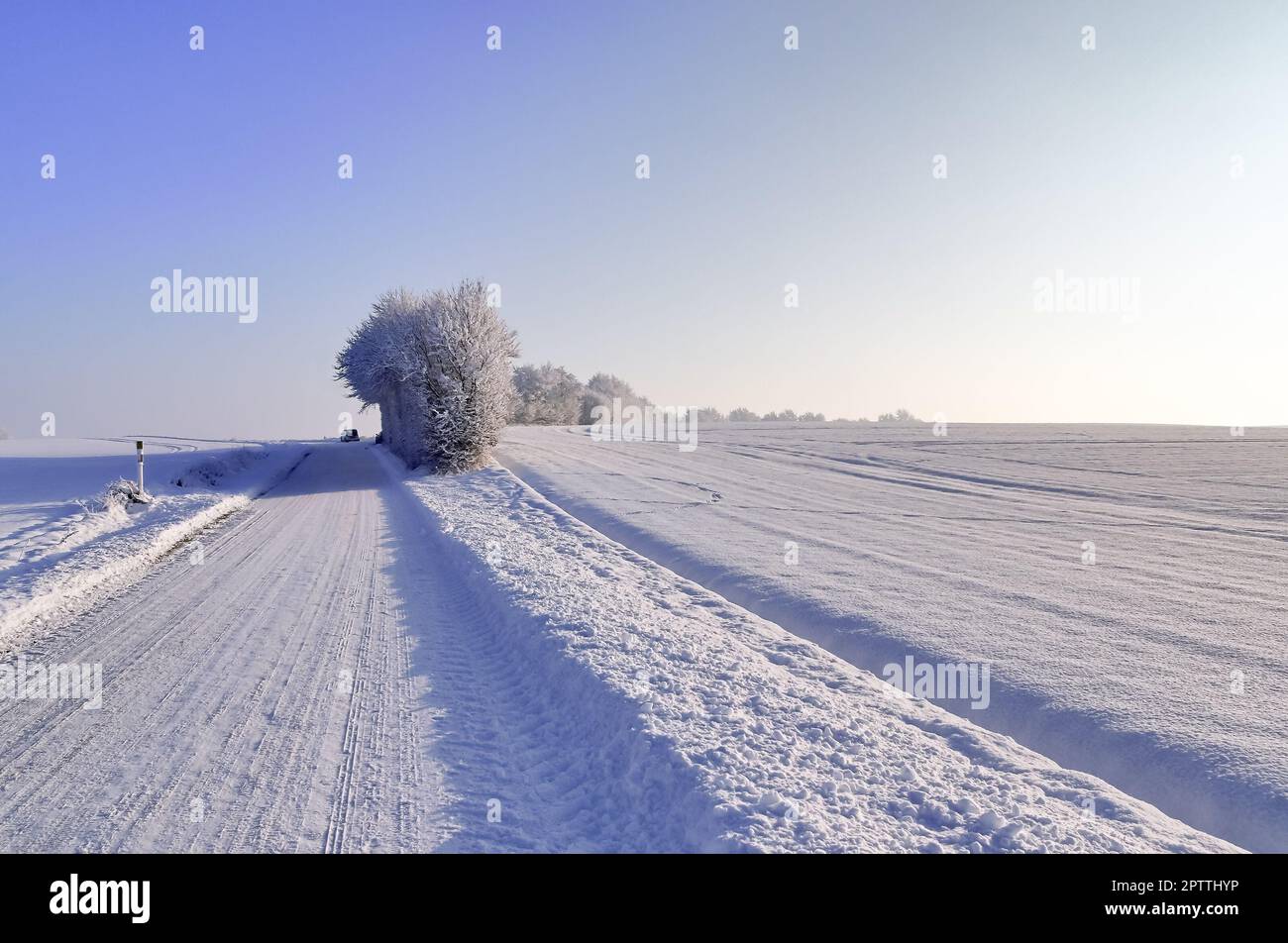 Vue sur une route de campagne enneigée en hiver avec soleil et ciel bleu Banque D'Images