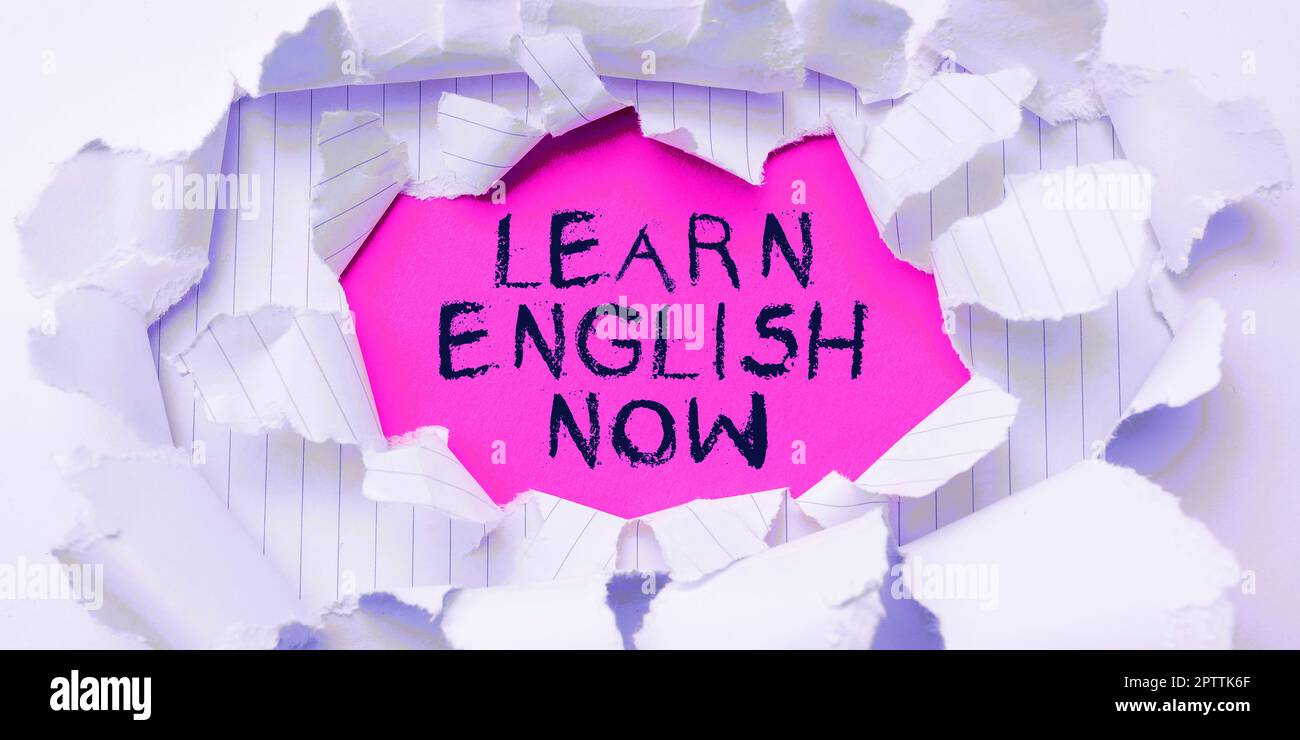 Légende du texte Présentation apprendre l'anglais maintenant, Word pour acquérir ou acquérir des connaissances et des compétences en anglais Banque D'Images