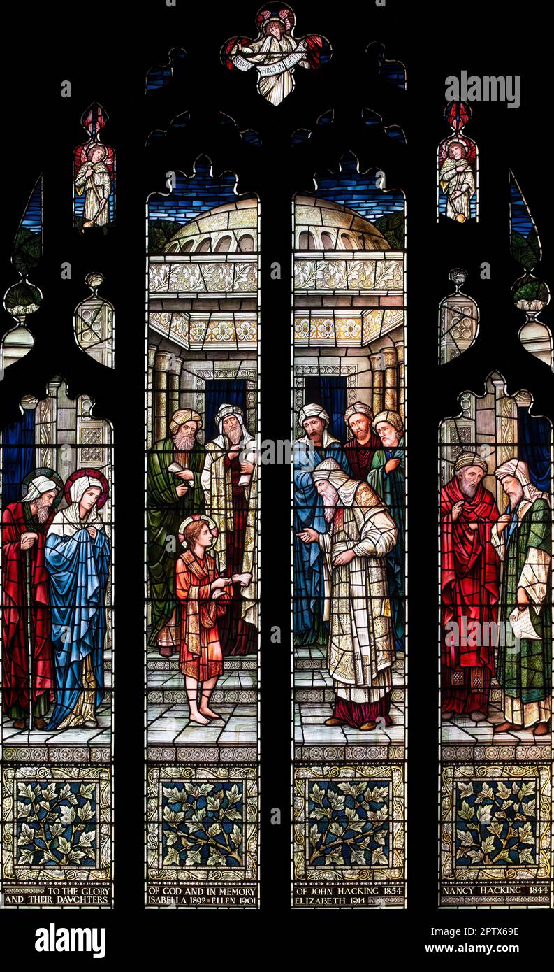 La vision pré-Raphaelite de la découverte dans le Temple par D. H. Dearle et William Morris, Église St Silas, Blackburn, Lancashire Banque D'Images