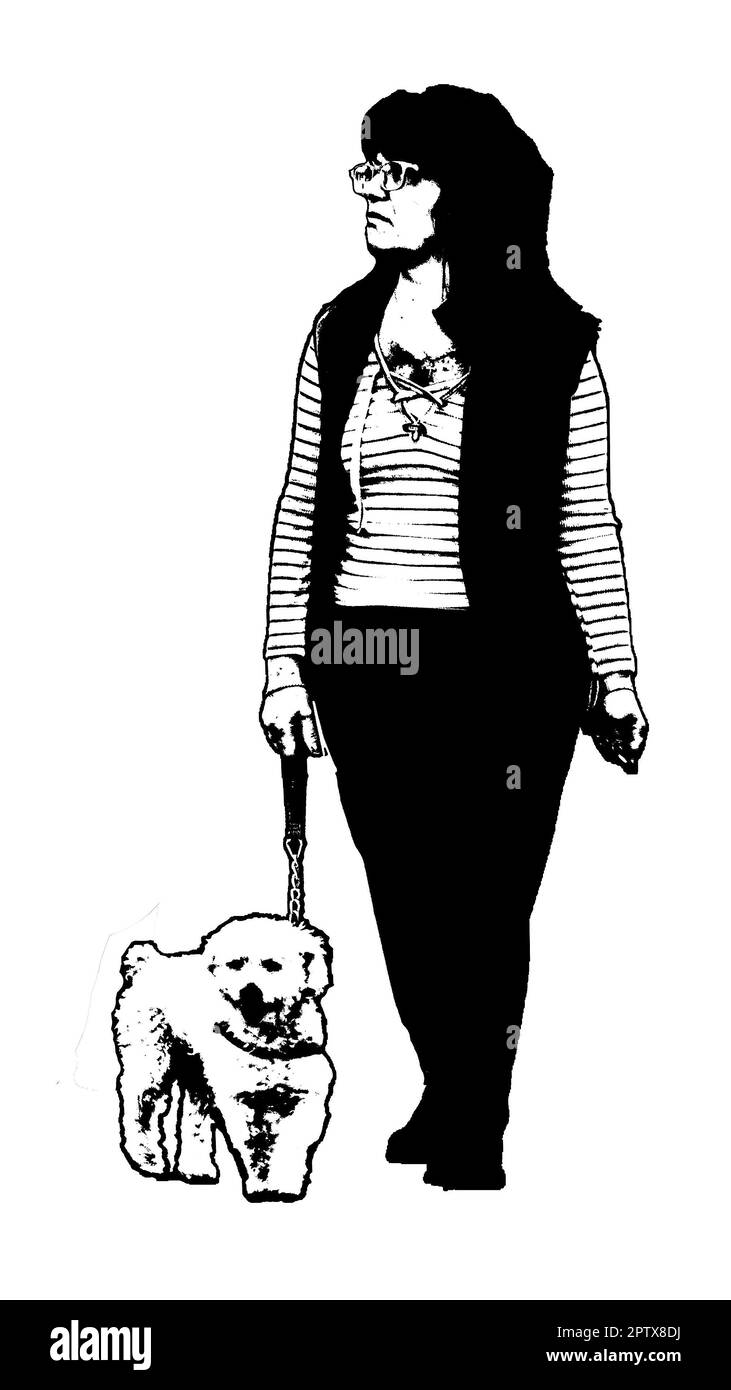 Femmes matures marchant avec chien isolé stencil style illustration Banque D'Images