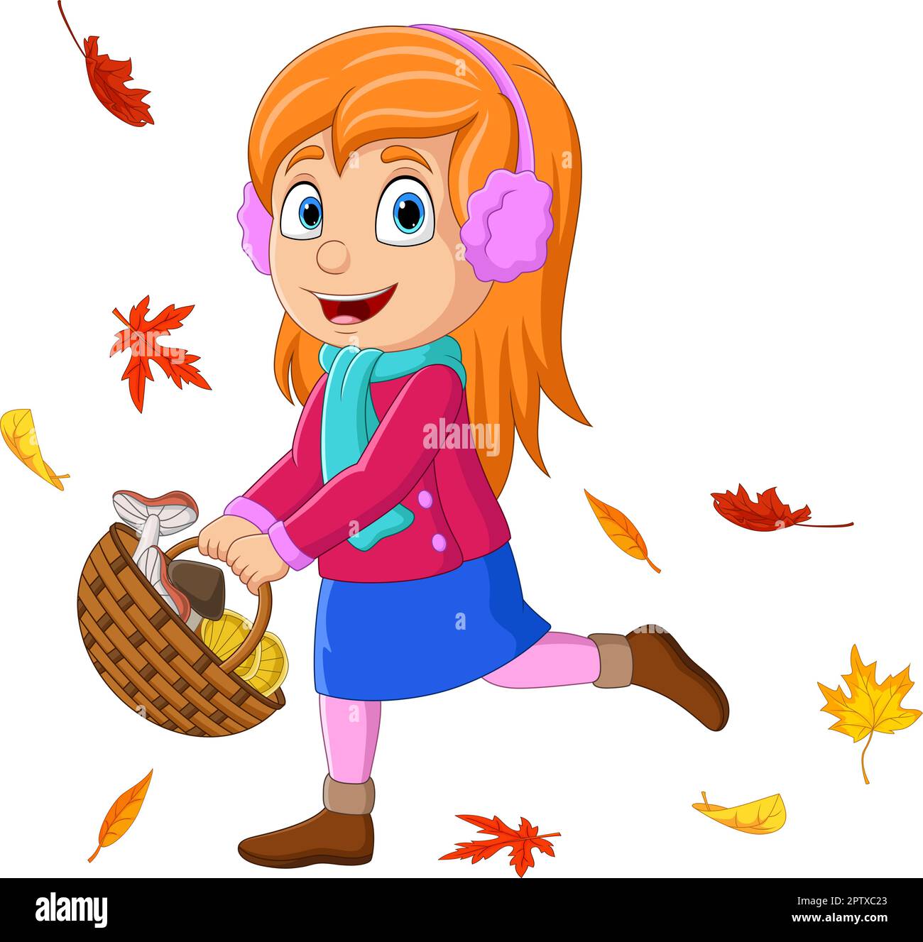 Petite fille de dessin animé avec panier de champignons Illustration de Vecteur