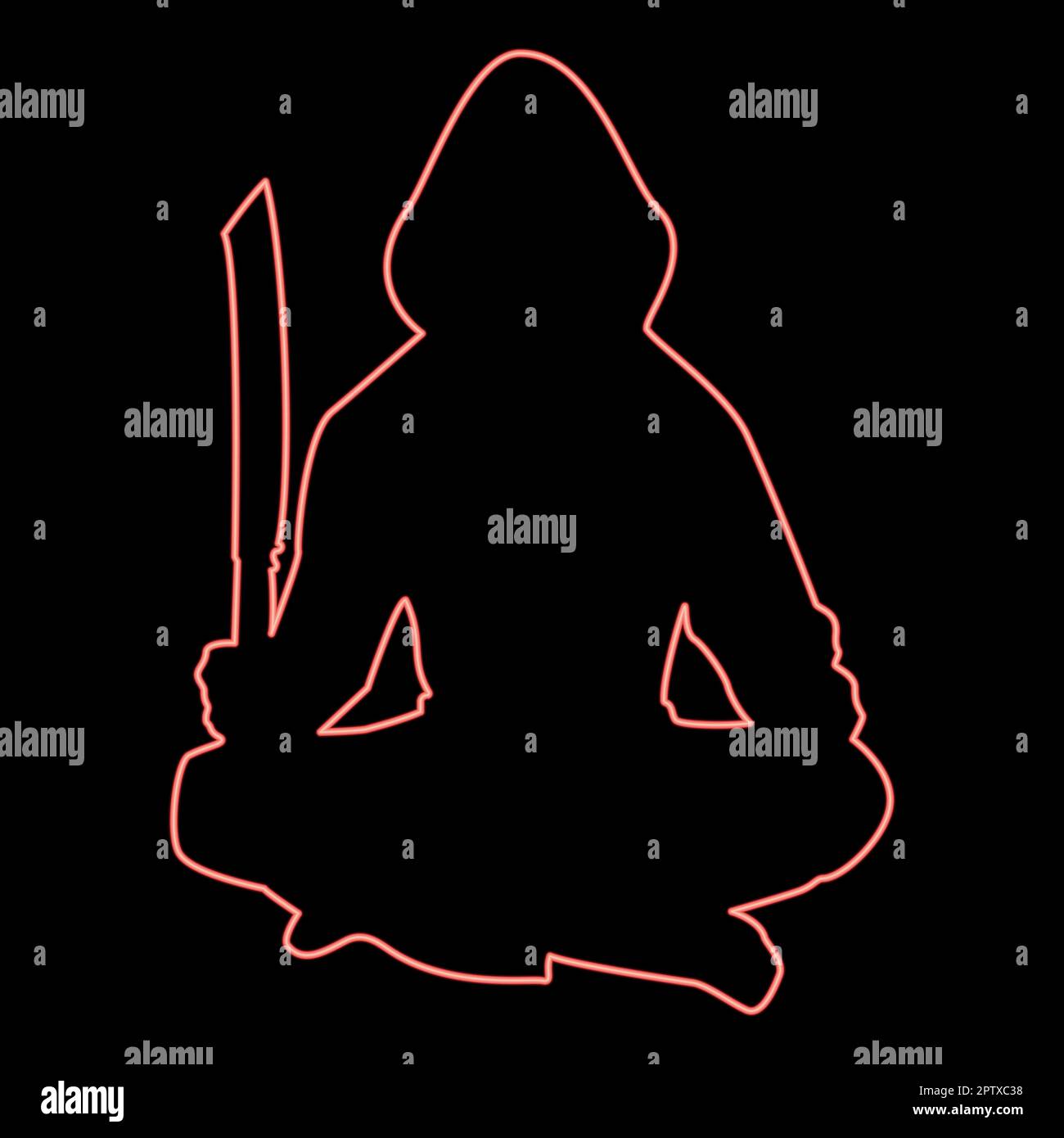 Neon homme avec une machette d'épée armes froides en main militaire Soldier Serviceman dans les positions Hunter avec le combat de couteau pose le défenseur puissant Warrior concept armes Lotus pose rouge vecteur de couleur illustration image plate style Illustration de Vecteur