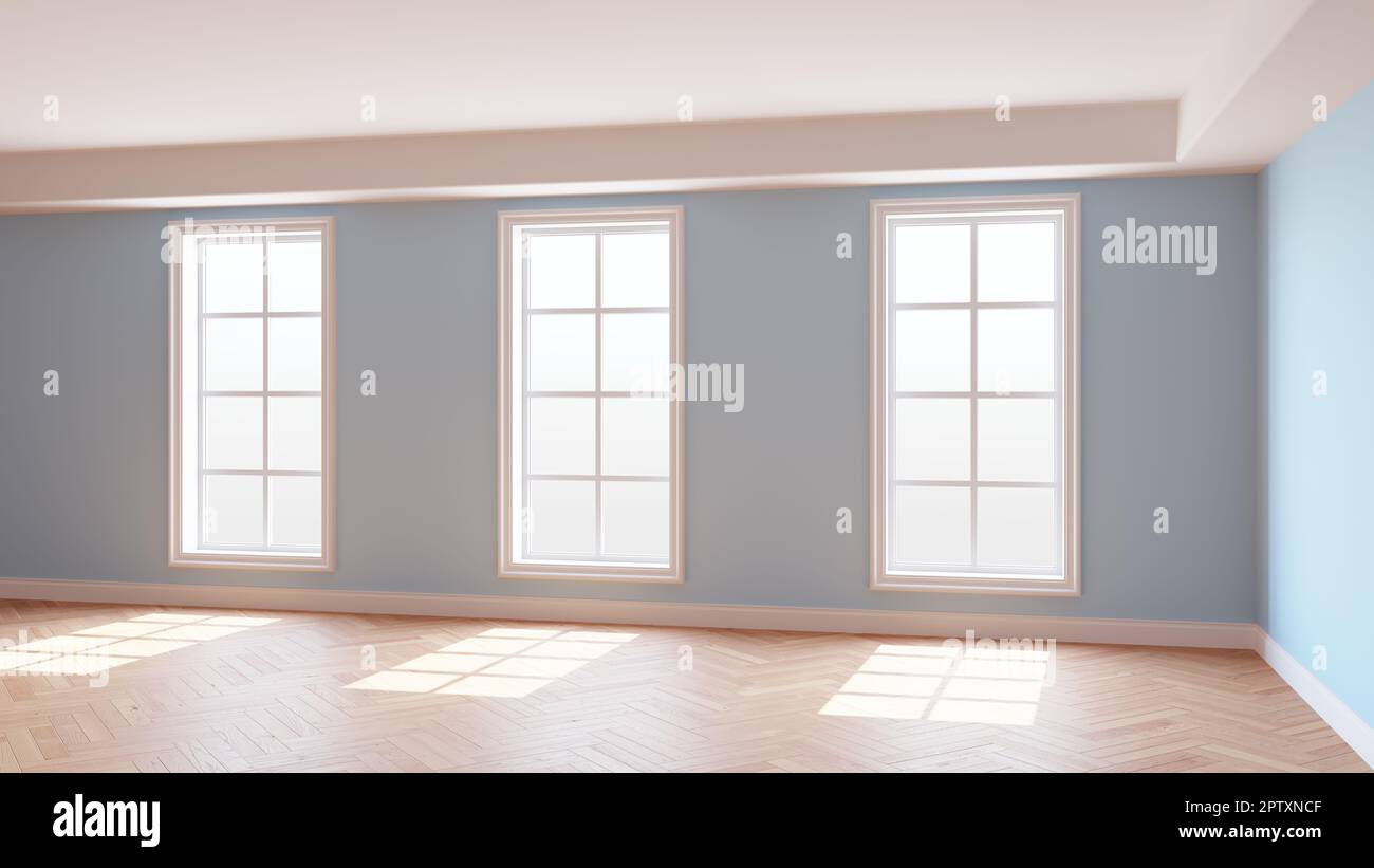 Intérieur ensoleillé de la chambre bleu clair avec trois grandes fenêtres, parquet brillant clair à chevrons et un Plinth blanc. Magnifique concept de la chambre vide. 3D illustration, Ultra HD 8K, 7680x4320 Banque D'Images