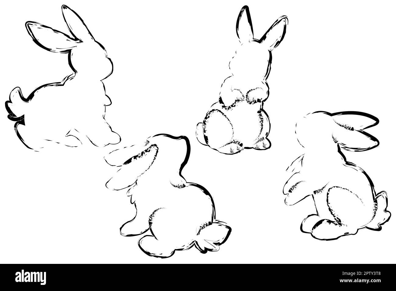 Silhouettes de quatre lapins en style grunge sur fond blanc. Symbole de 2023. Livre de coloriage pour enfants. Image vectorielle. Banque D'Images