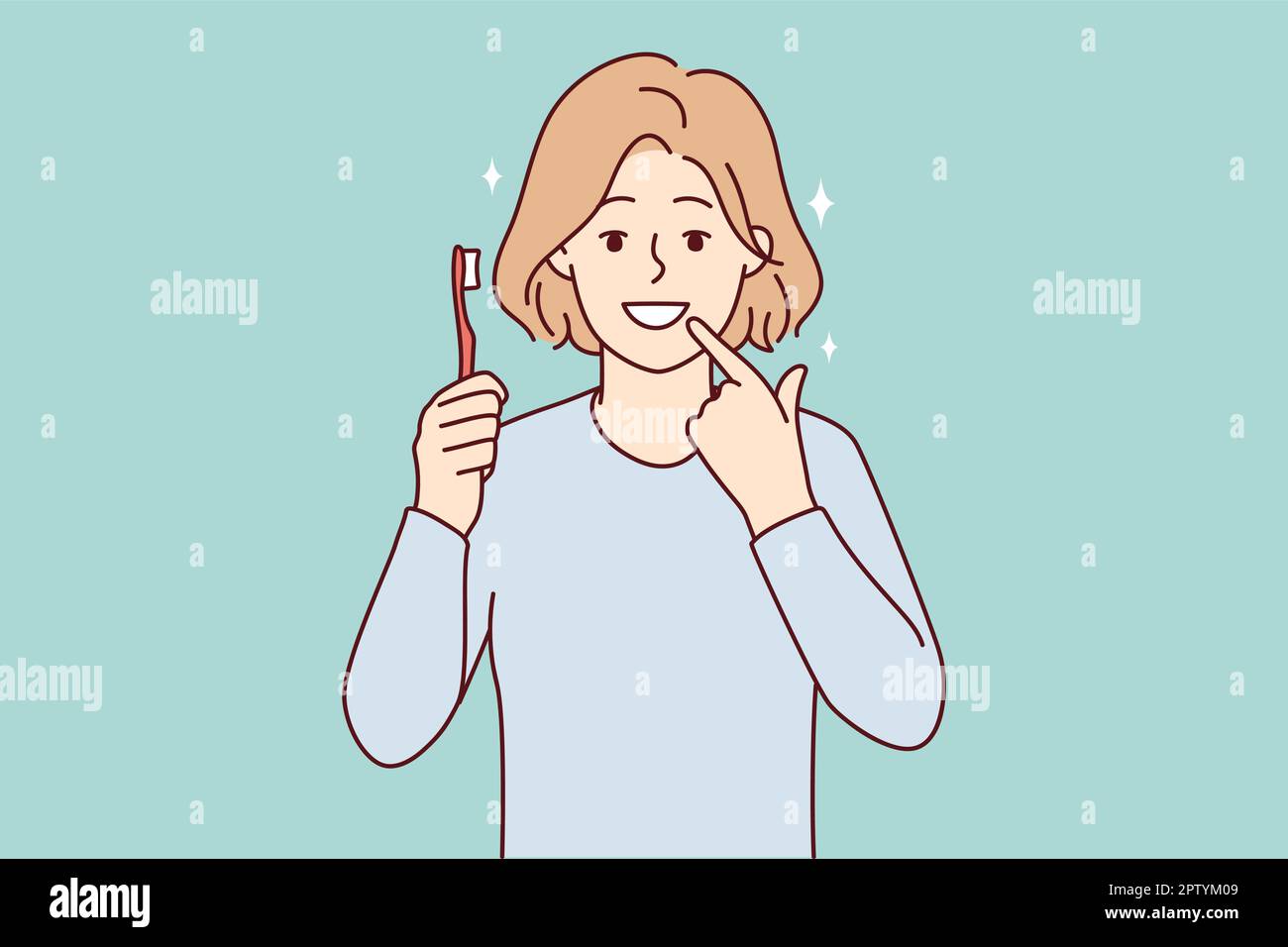 Sourire la jeune fille pointe à dents propres Illustration de Vecteur