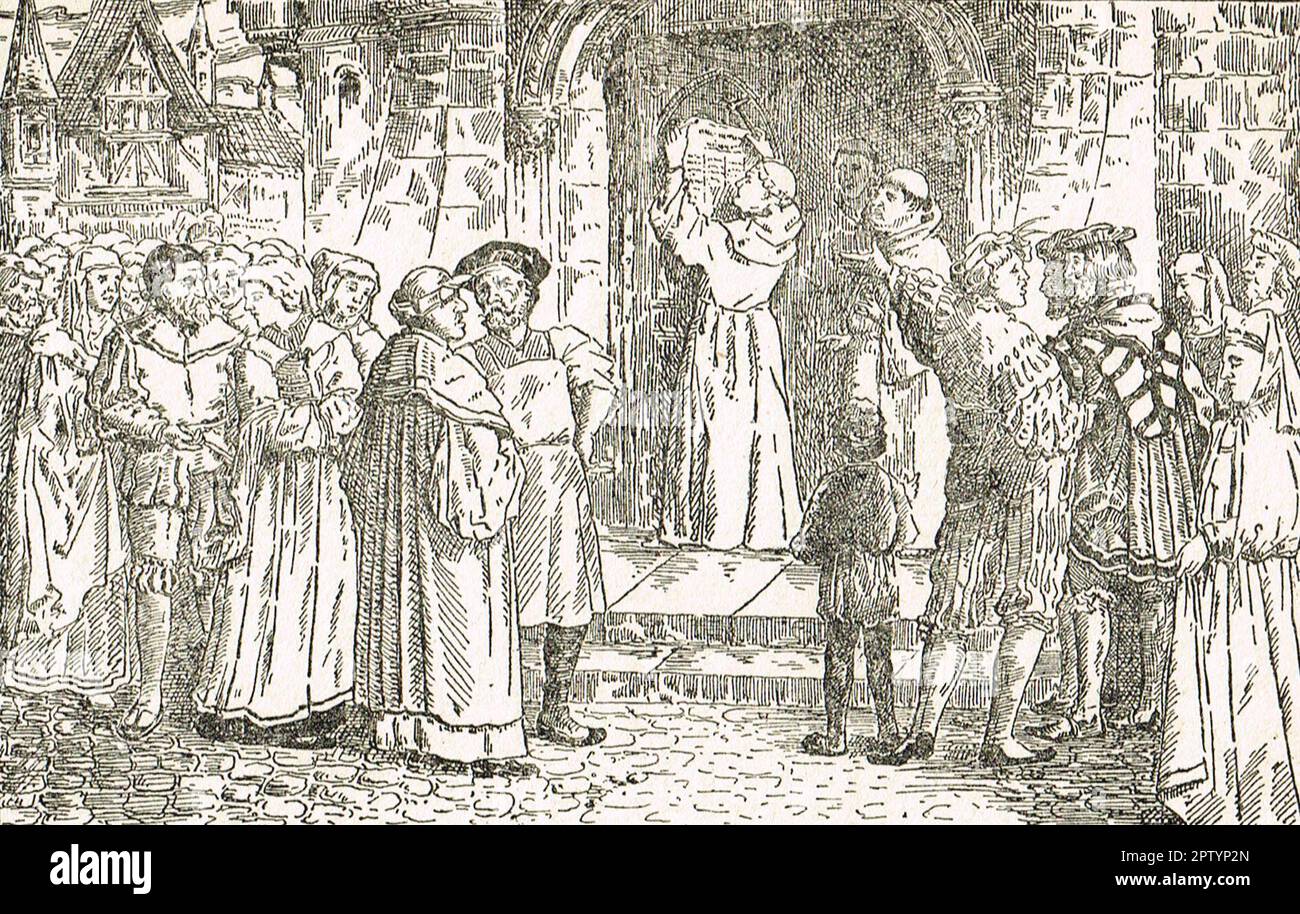 Luther clouant ses 95 thèses contre la vente d'indulgences à Wittenberg. Octobre 31 1517 Banque D'Images