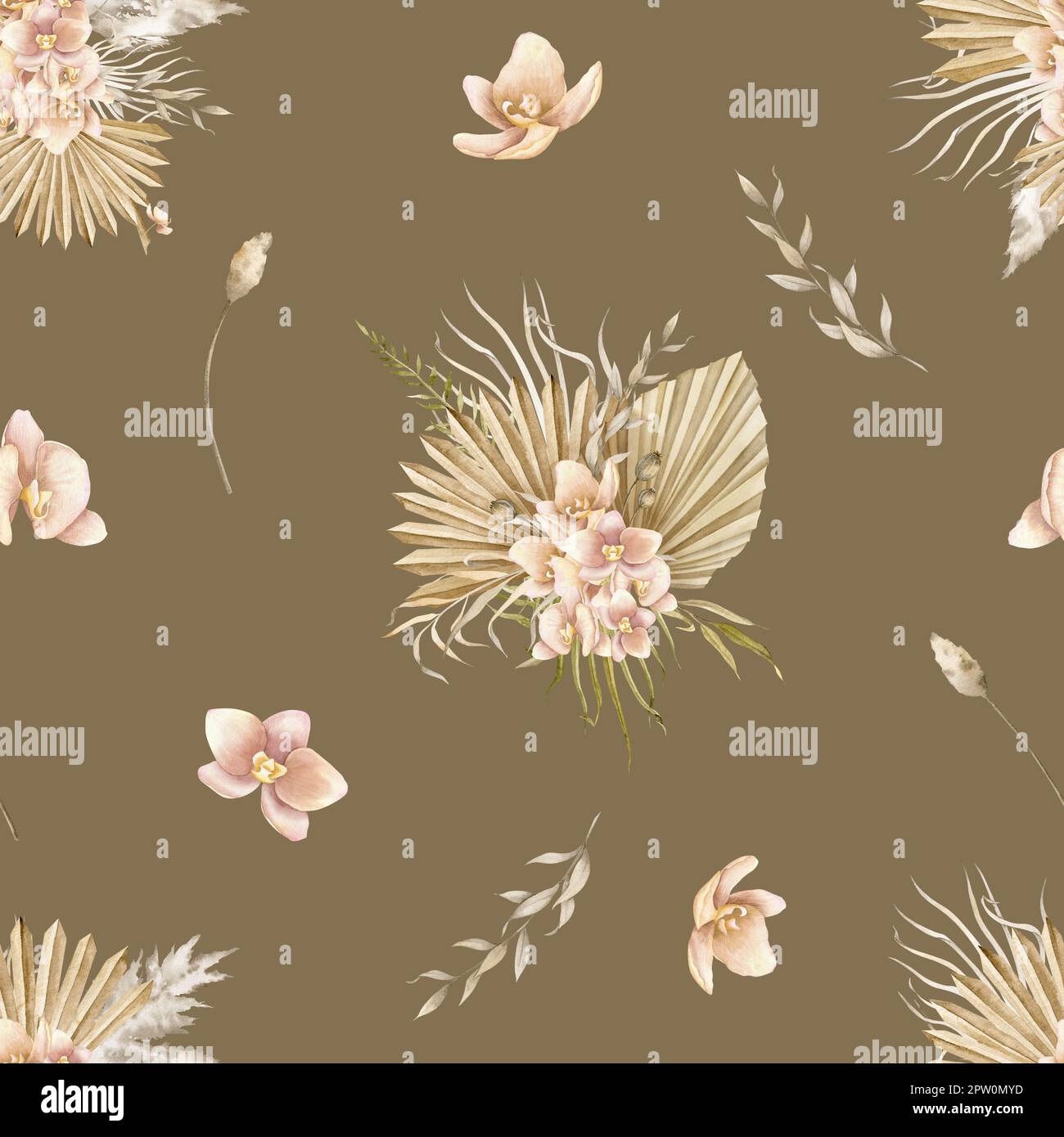 Motif aquarelle sans couture avec feuilles de palmier séchées et fleurs d'orchidées sur fond brun foncé. Illustration dessinée à la main d'ornement floral pour le dessin textile ou le papier d'emballage. Toile de fond tropicale. Banque D'Images