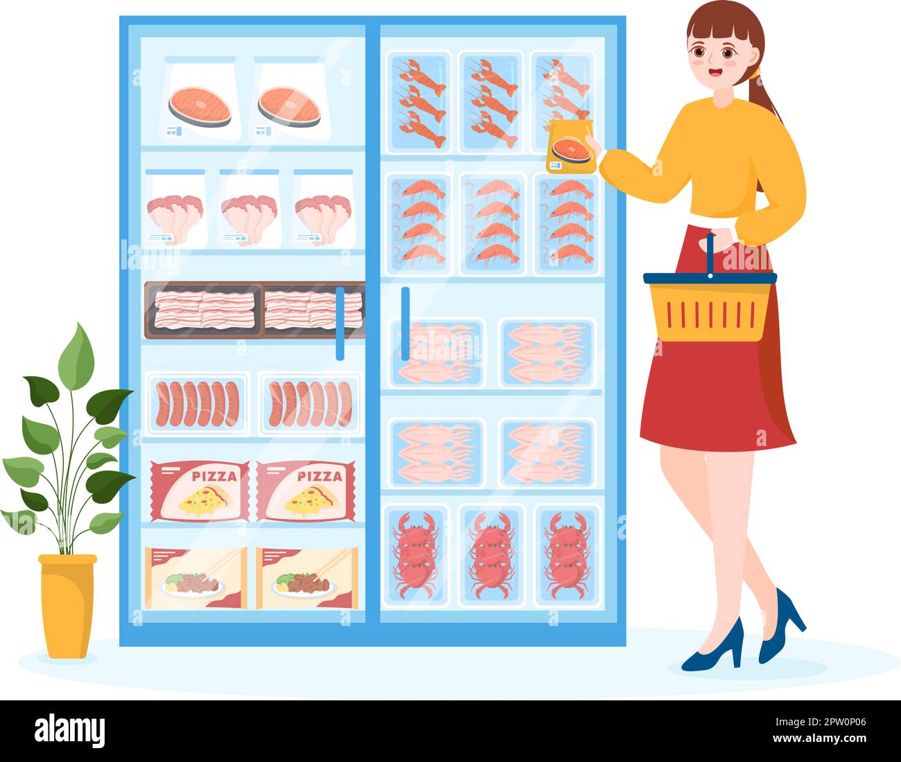 Magasin d'aliments surgelés avec des produits aspirés à l'aide de papier d'aluminium et d'emballage en sachet pour être frais dans l'illustration du modèle de dessin animé à la main Illustration de Vecteur