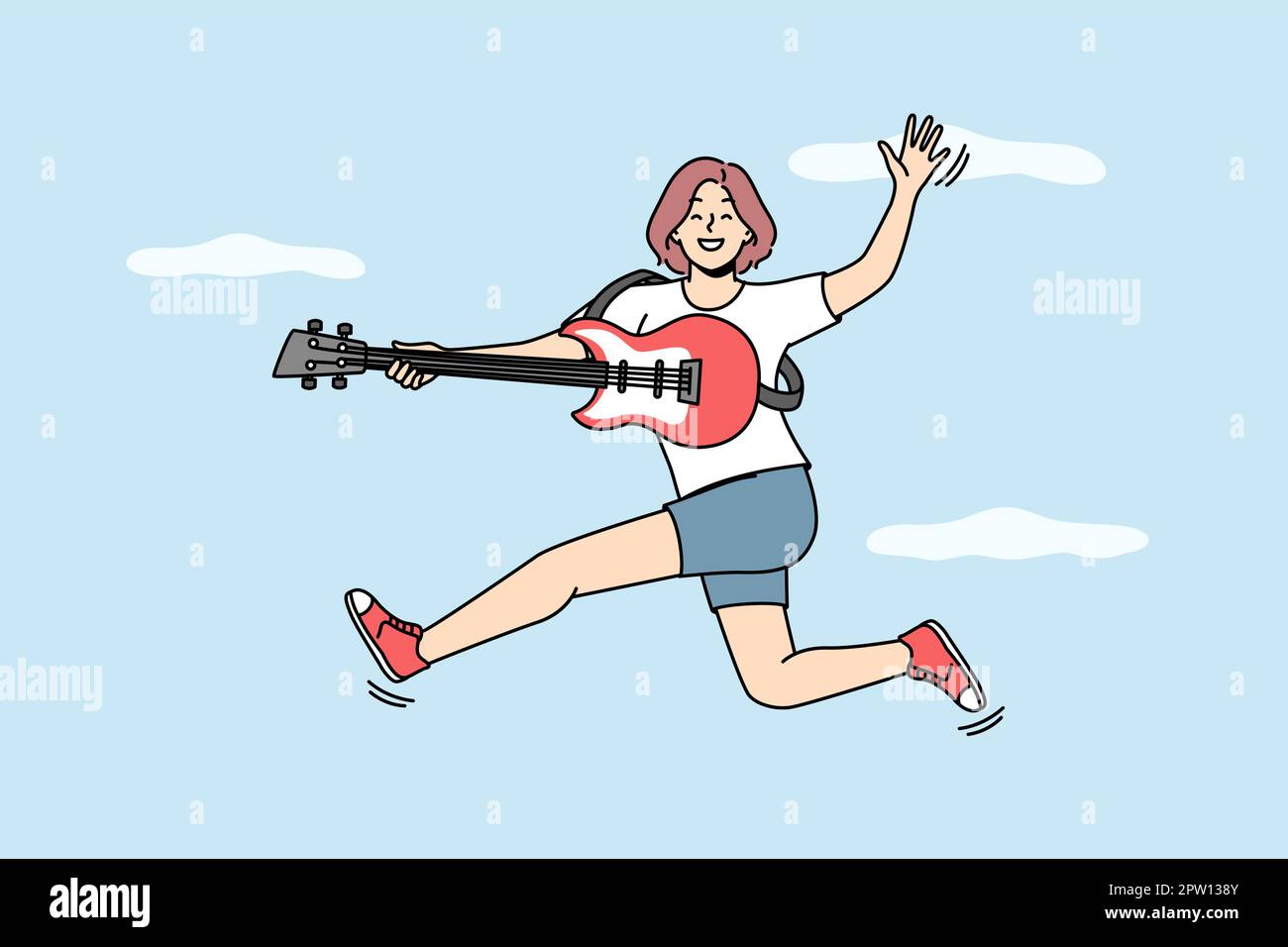 Femme souriante sauter jouer à la guitare Illustration de Vecteur