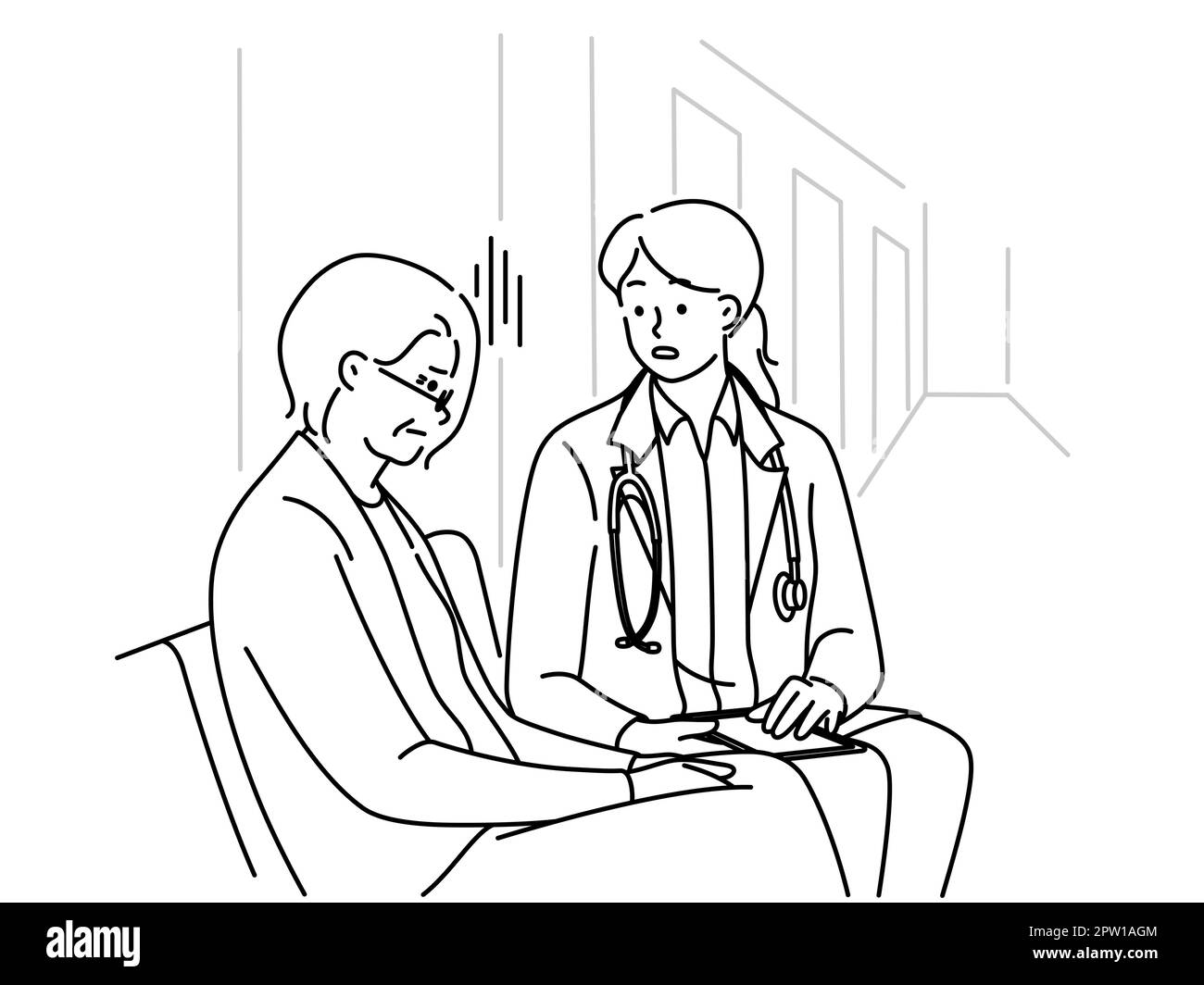 Une femme médecin parle avec un patient mature en clinique Illustration de Vecteur