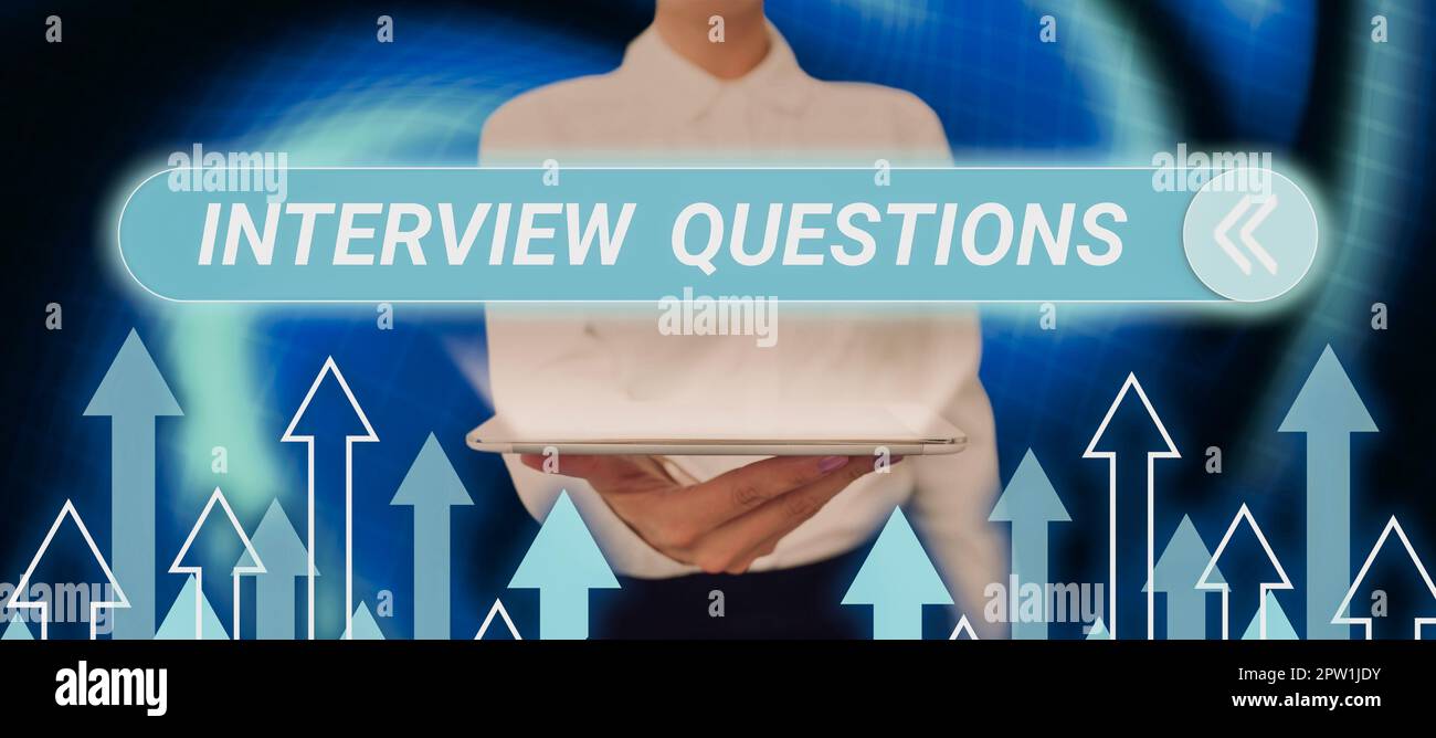 Écrire en affichant du texte questions d'entrevue, mot pour un sujet typique qui est de demander ou de se renseigner pendant une entrevue Banque D'Images
