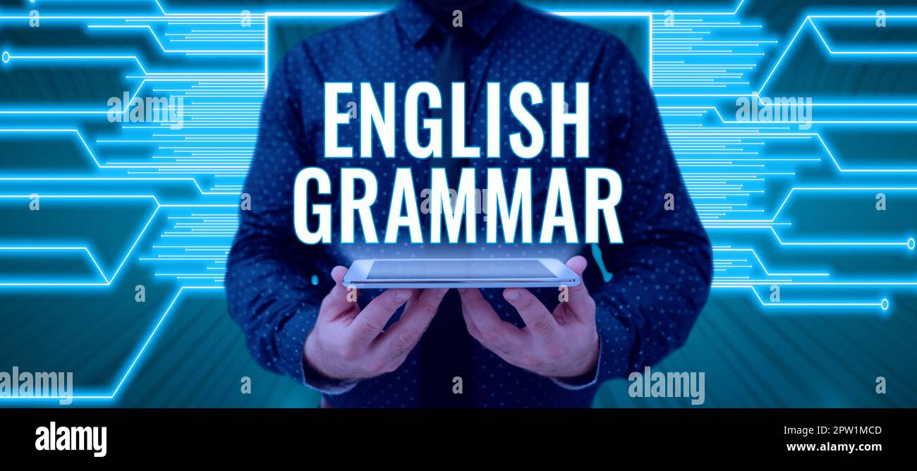 Légende du texte présentant la grammaire anglaise, les cours de concept d'affaires couvrent tous les niveaux de parler et d'écrire en anglais Banque D'Images
