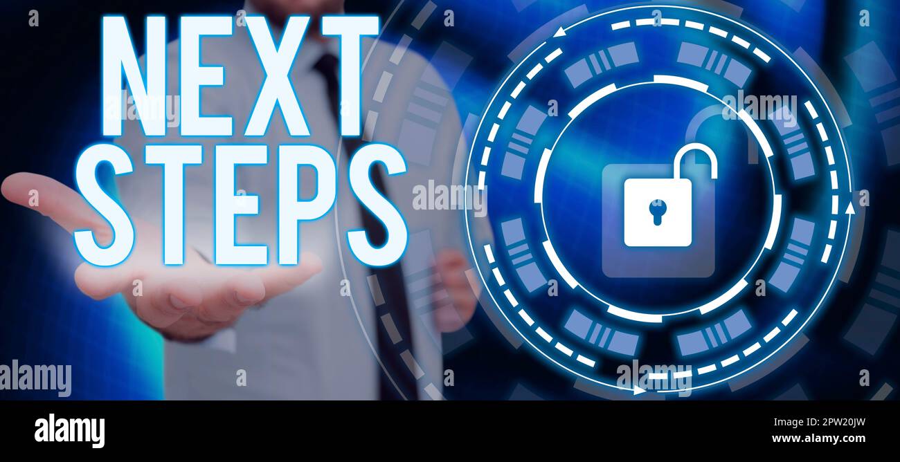 Affichage conceptuel étapes suivantes, numéro de concept métier du processus à réaliser après la planification actuelle Banque D'Images
