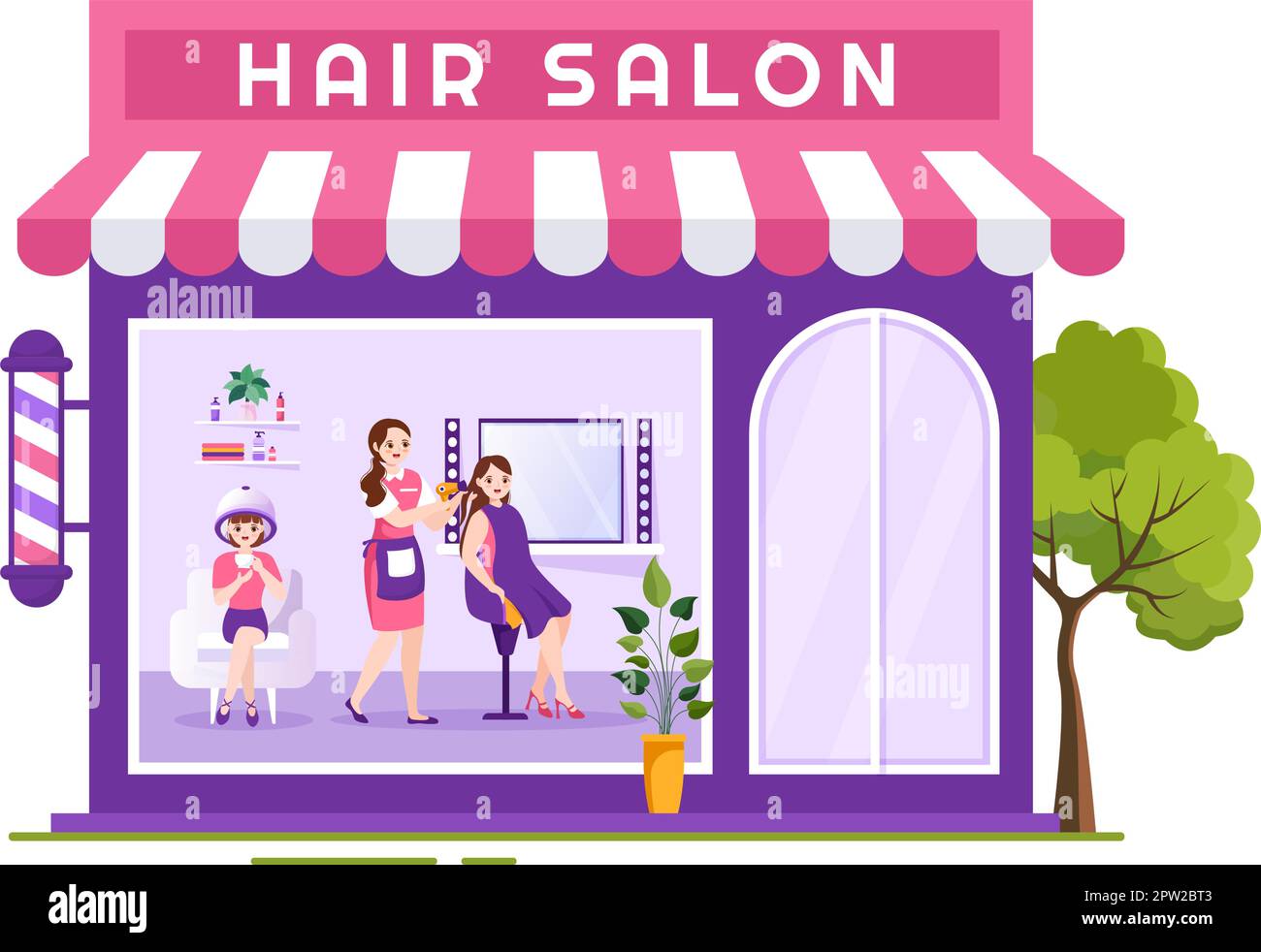 Salon de coiffure avec coiffeur, coupe de cheveux, soins des cheveux et coiffure dans salon de beauté ou coiffeur en dessin animé à la main dessin animé par un dessin animé par un dessin animé par un dessin animé par un dessin animé Illustration de Vecteur