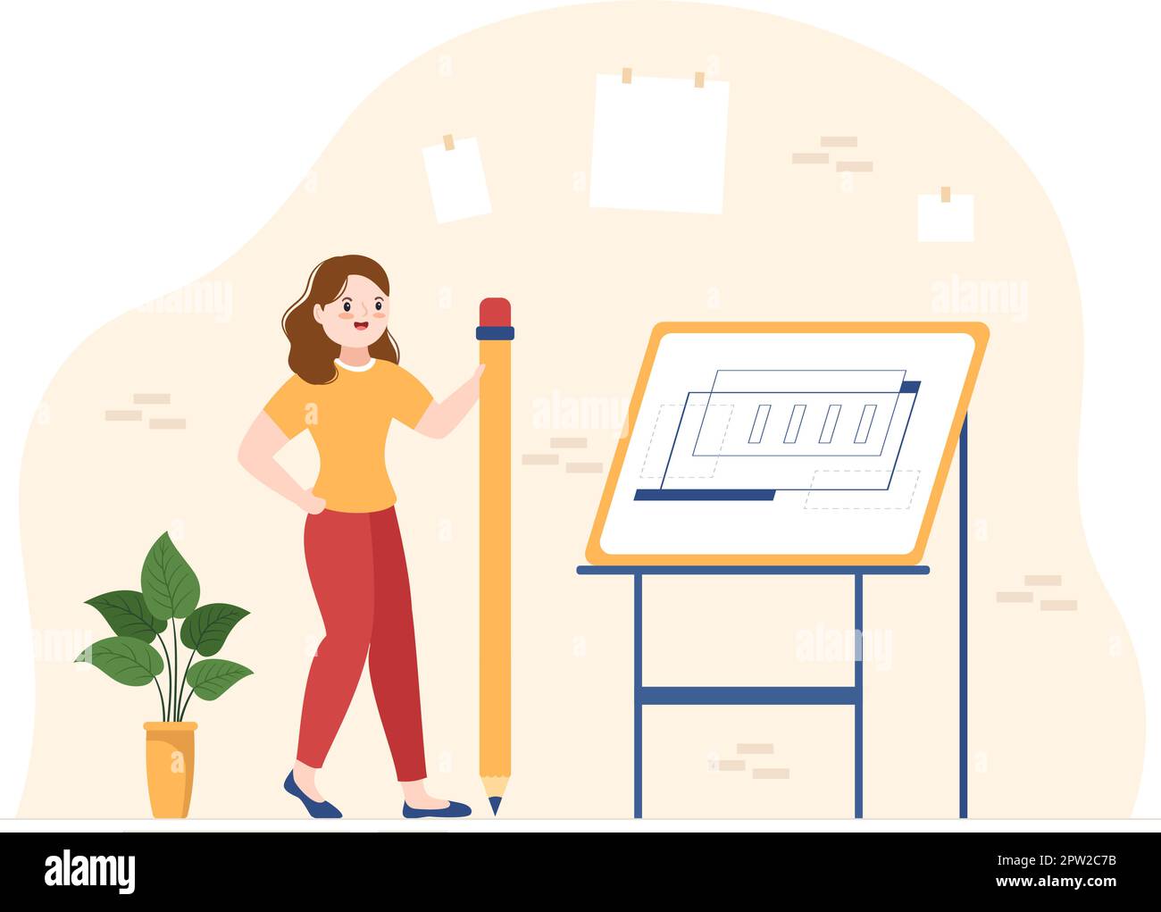 Dessin, ingénieur ou architecte travaillant sur la projection et la dépouille d'un plan de dessin sur un dessin animé dessin animé Illustration des modèles dessinés à la main Illustration de Vecteur