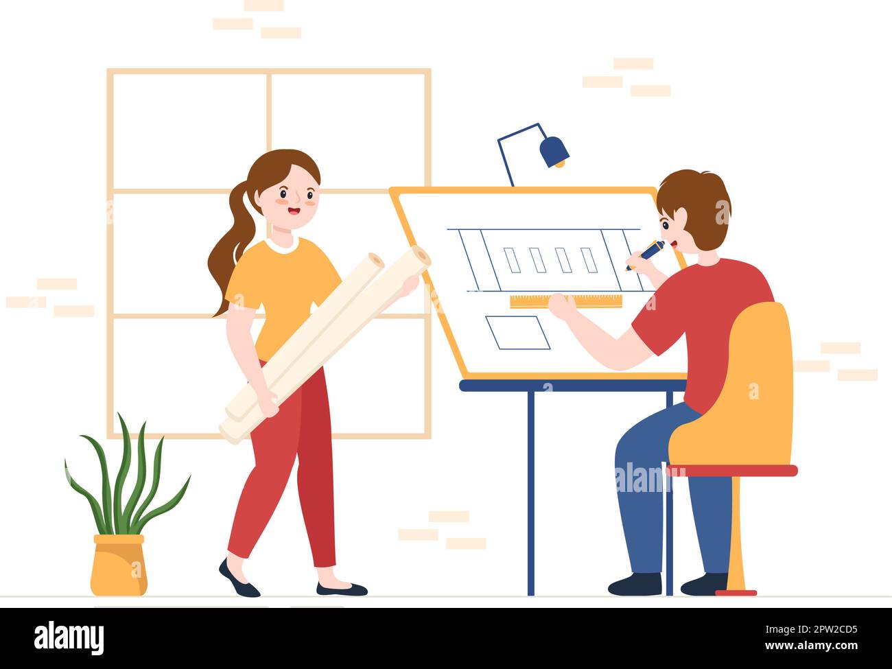 Dessin, ingénieur ou architecte travaillant sur la projection et la dépouille d'un plan de dessin sur un dessin animé dessin animé Illustration des modèles dessinés à la main Illustration de Vecteur